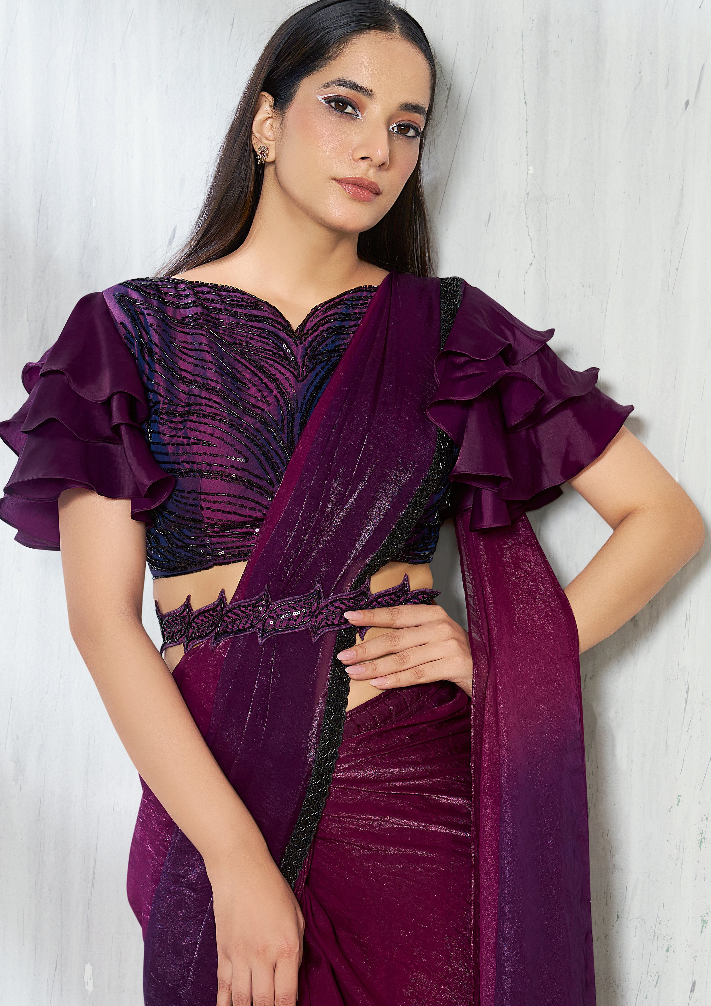 Mulberry Purple Embellished Jimmy Choo Silk Saree
