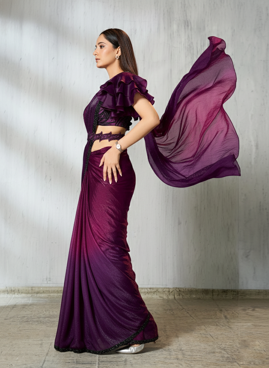 Mulberry Purple Embellished Jimmy Choo Silk Saree