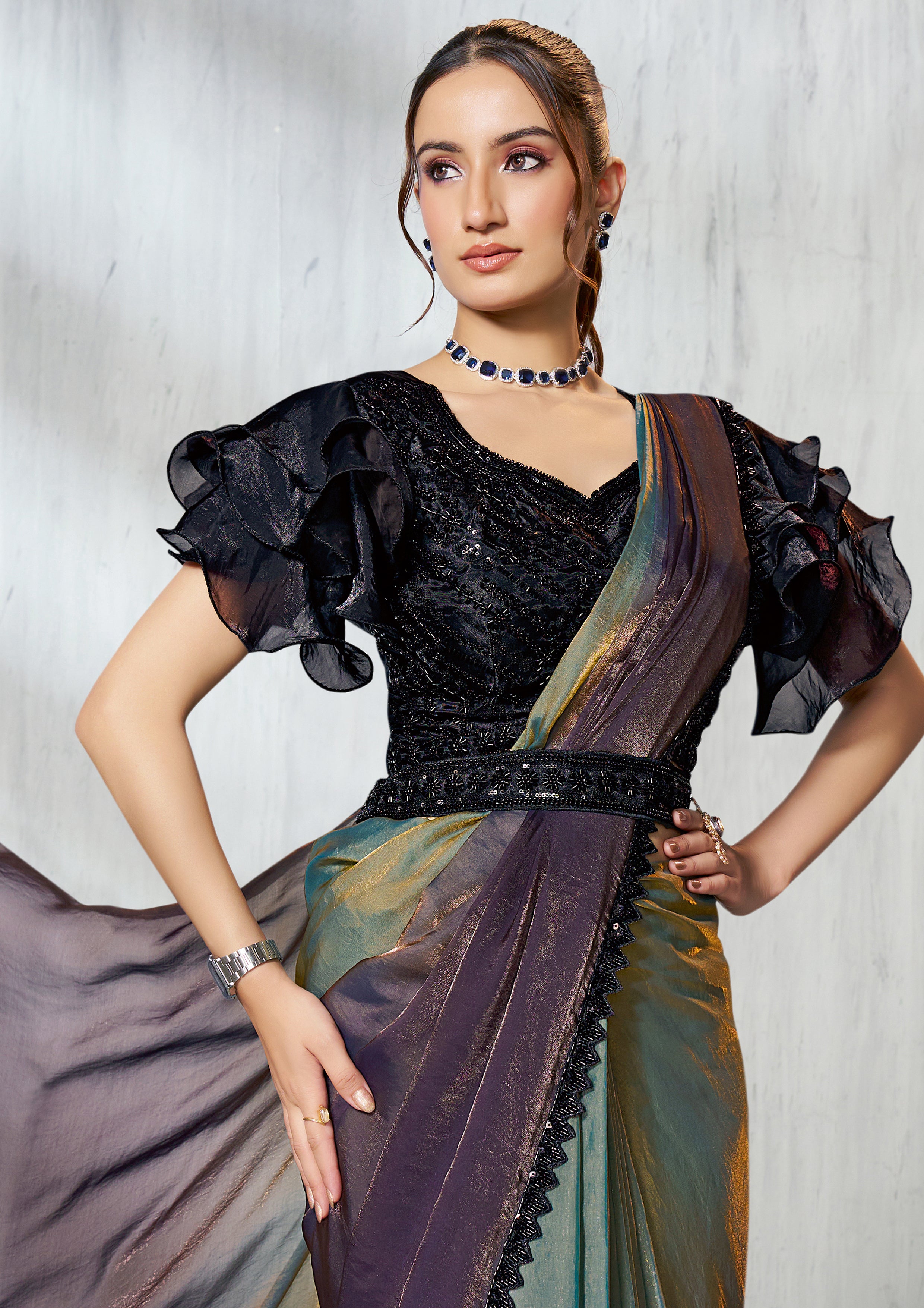 Smoky Plum Dual Tone Jimmy Choo Silk Saree