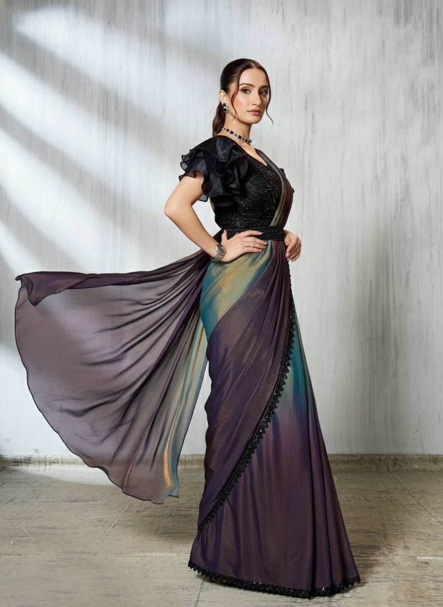 Smoky Plum Dual Tone Jimmy Choo Silk Saree