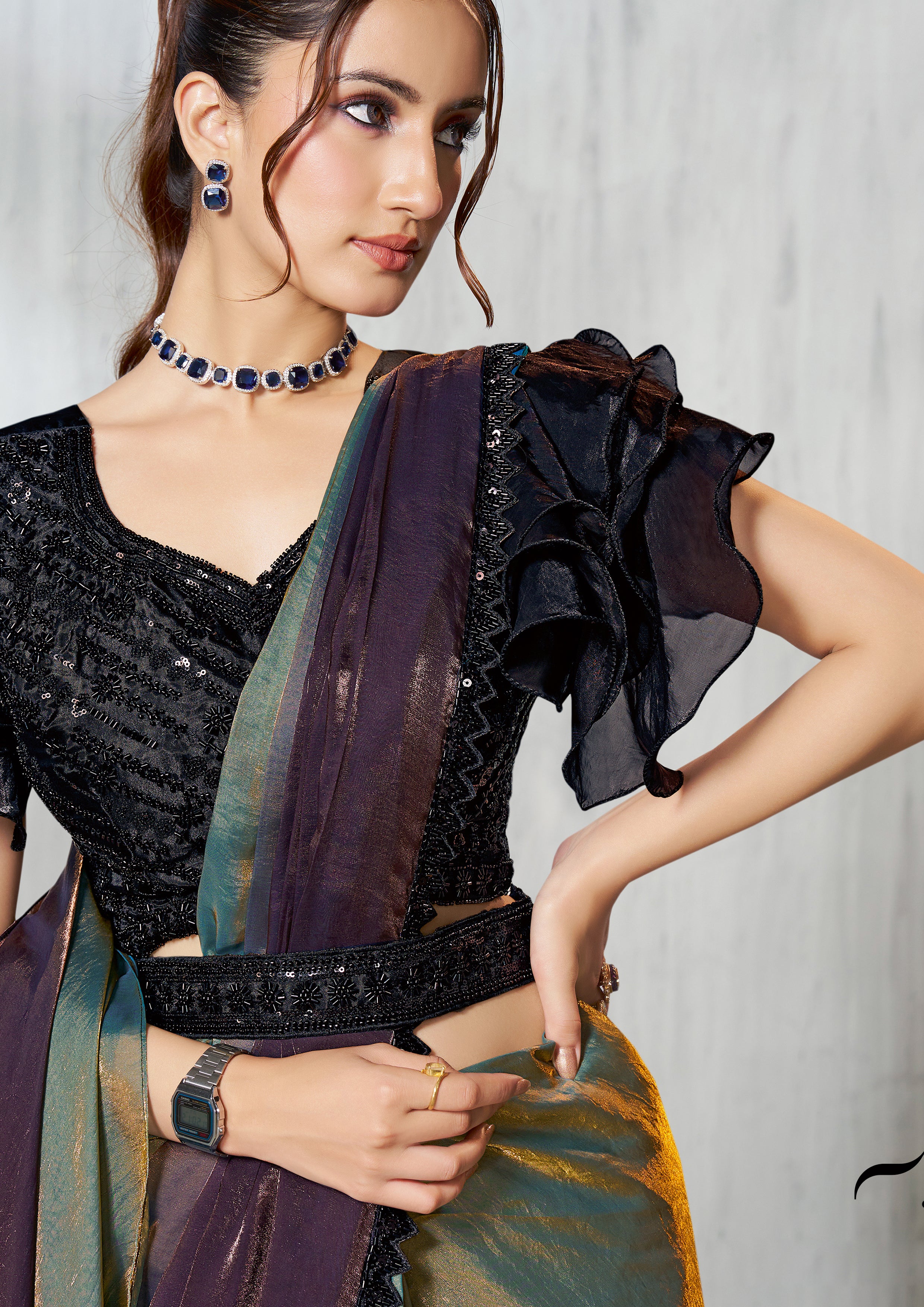 Smoky Plum Dual Tone Jimmy Choo Silk Saree