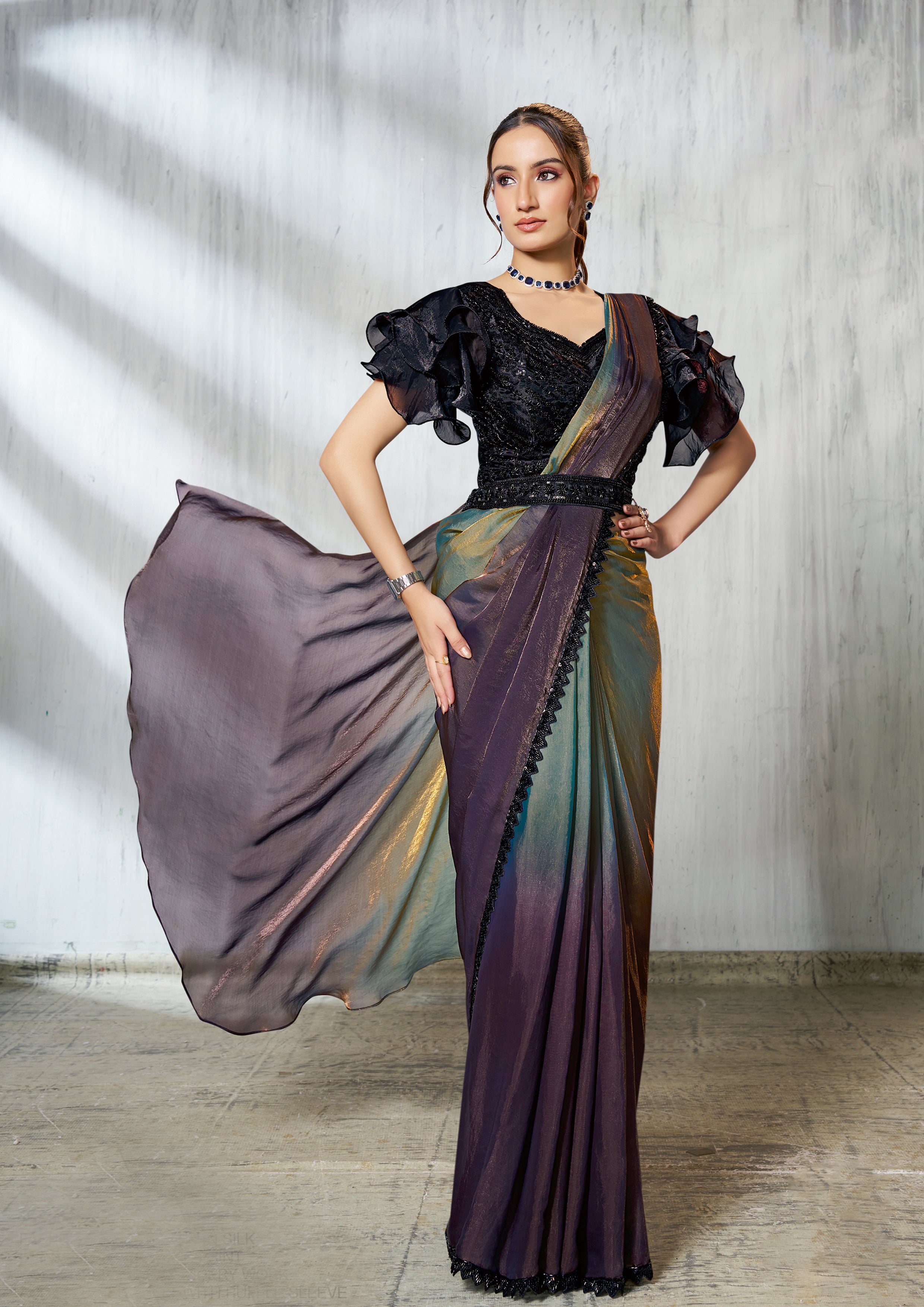 Smoky Plum Dual Tone Jimmy Choo Silk Saree