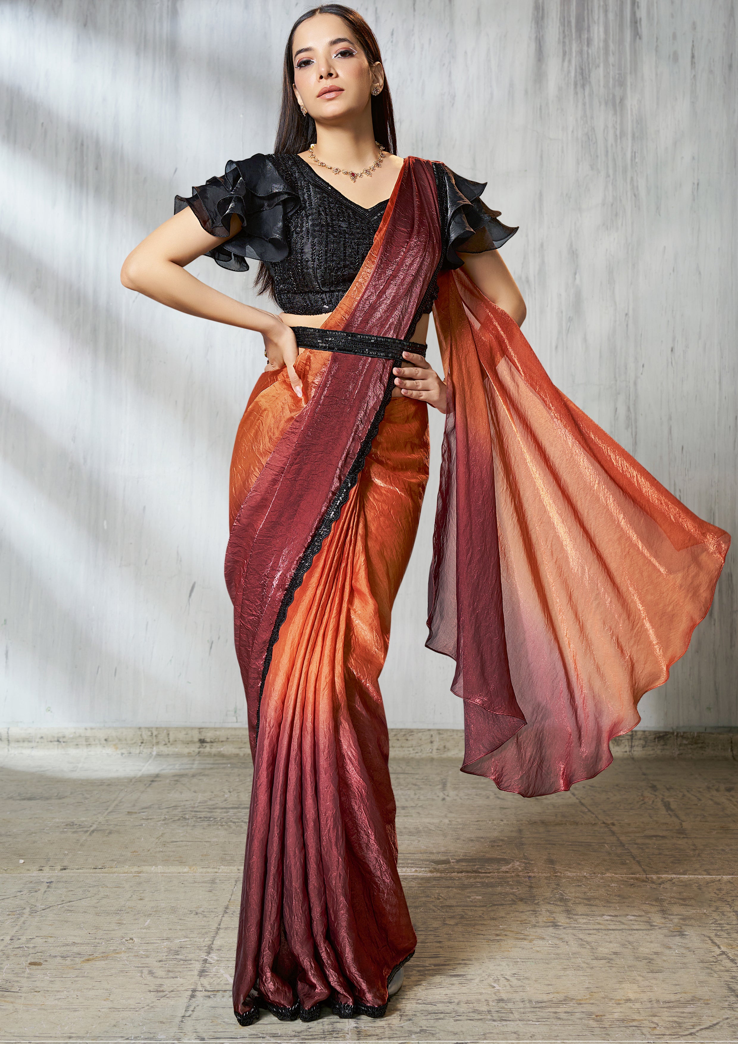 Burnt Orange Dual Tone Jimmy Choo Silk Saree