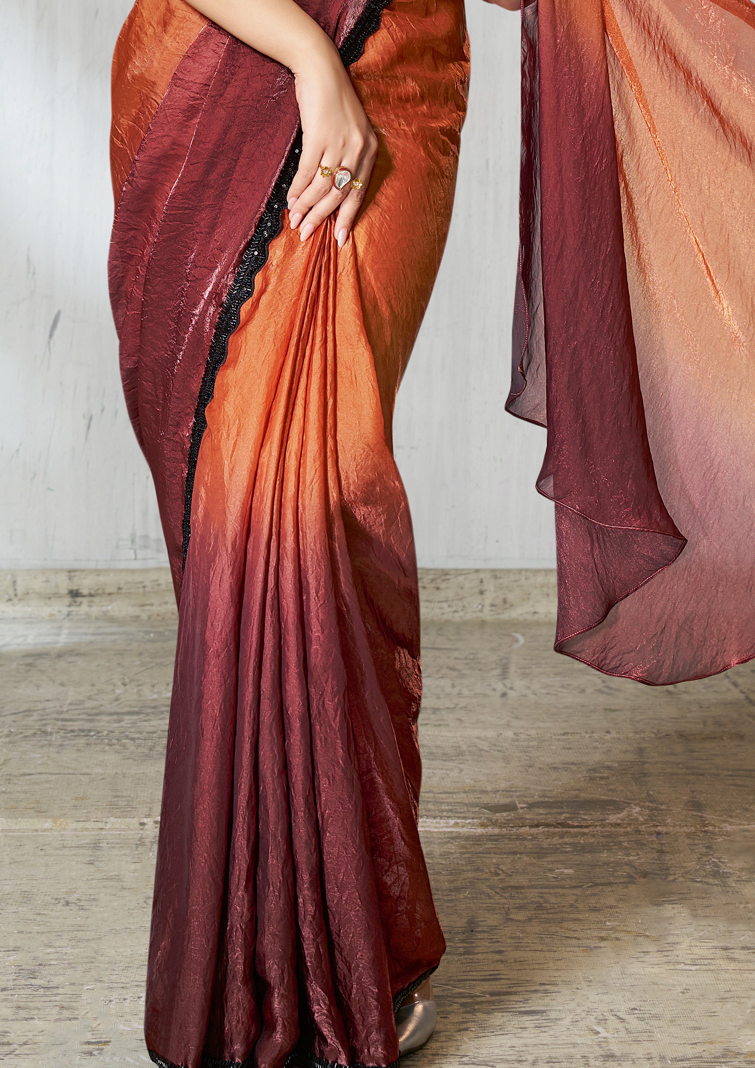 Burnt Orange Dual Tone Jimmy Choo Silk Saree