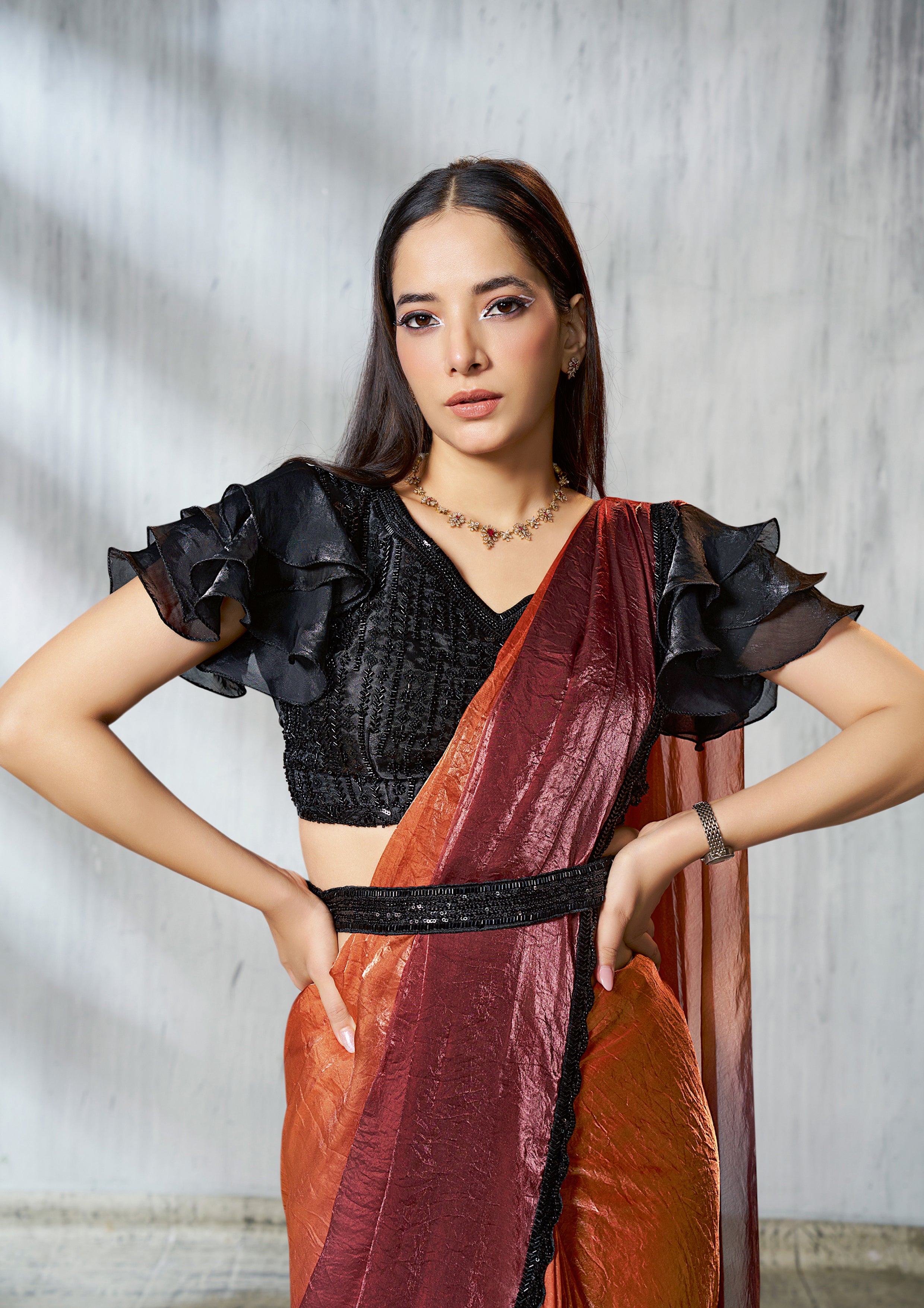 Burnt Orange Dual Tone Jimmy Choo Silk Saree