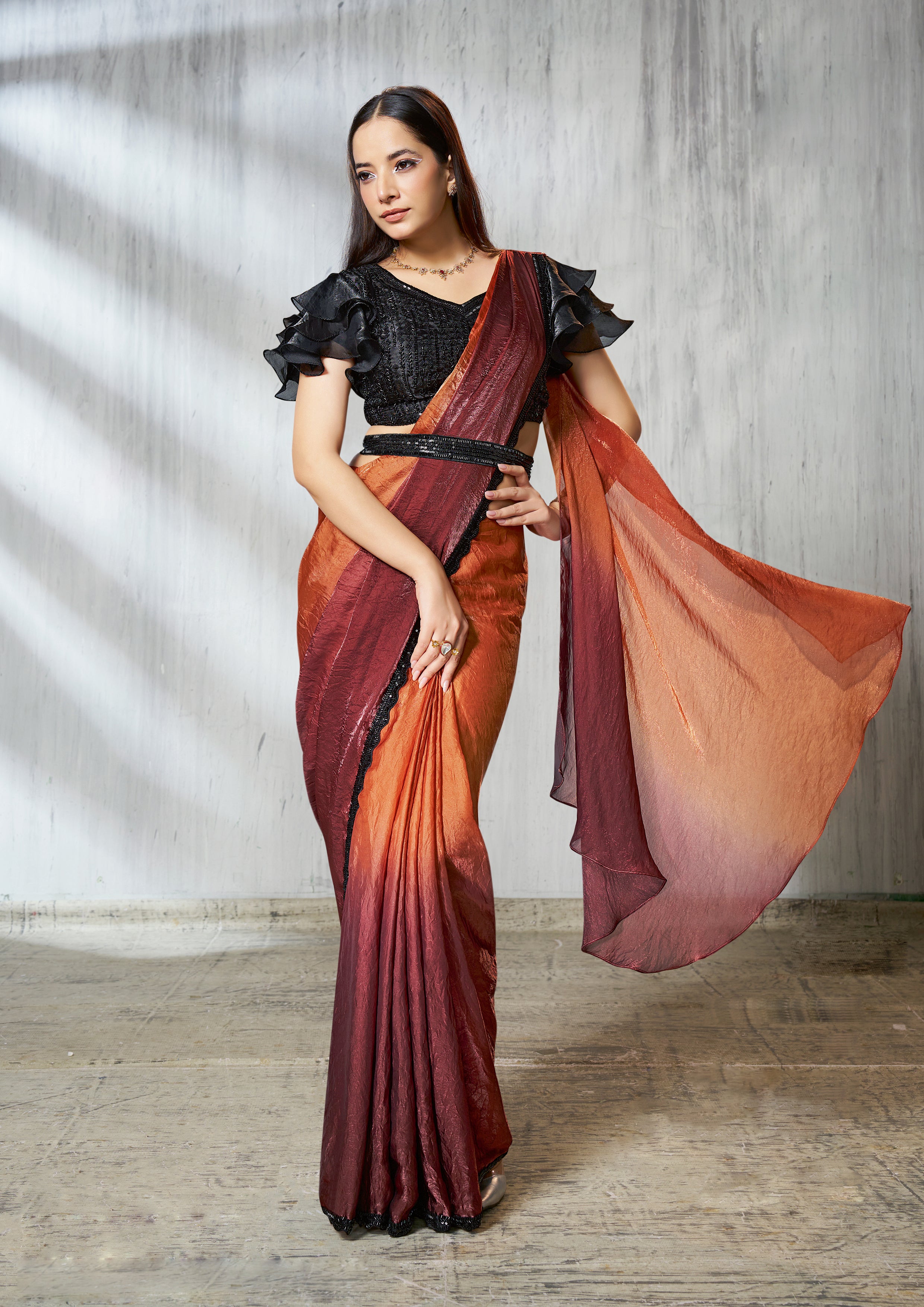 Burnt Orange Dual Tone Jimmy Choo Silk Saree