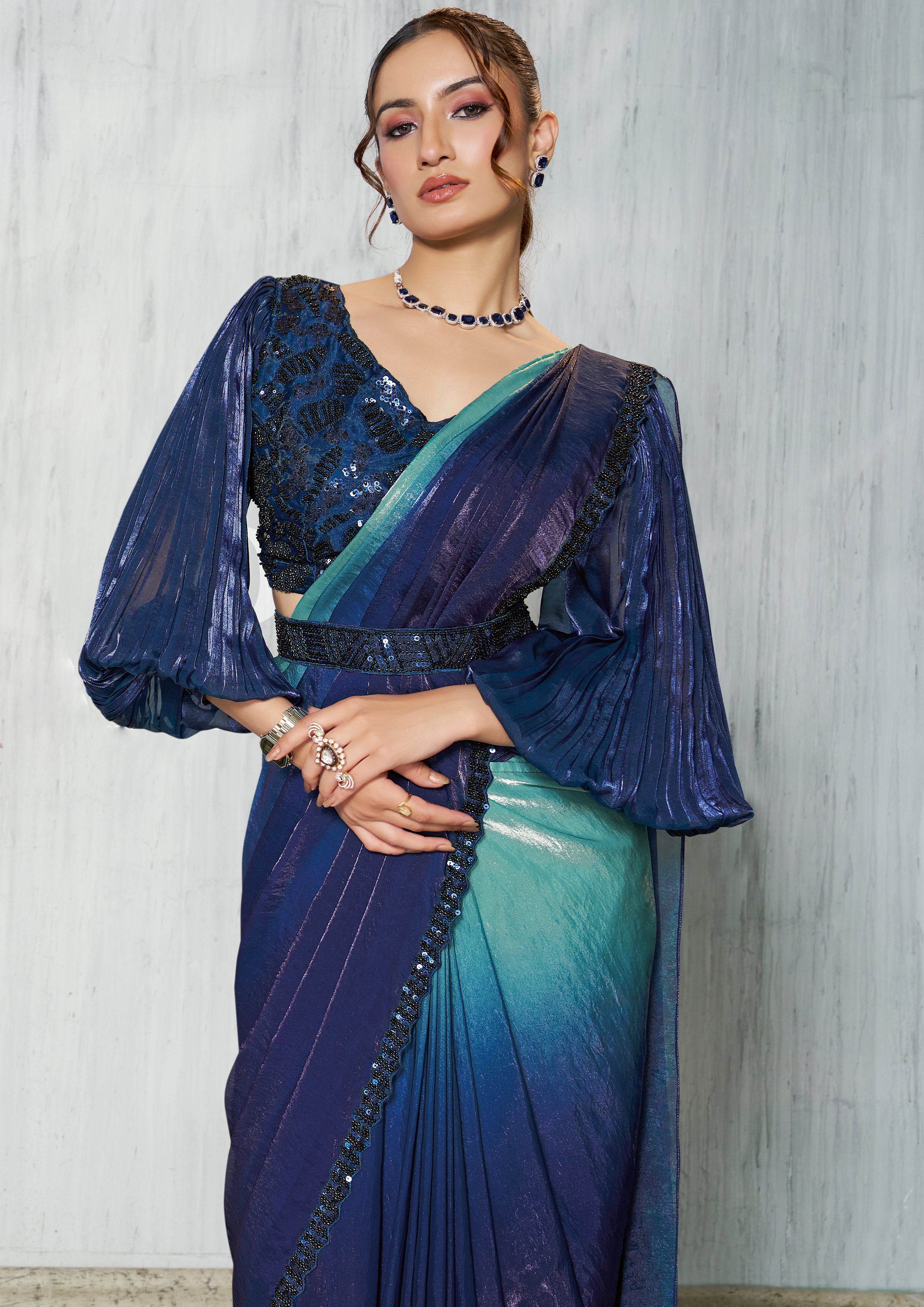 Midnight Blue Dual Tone Jimmy Choo Silk Saree