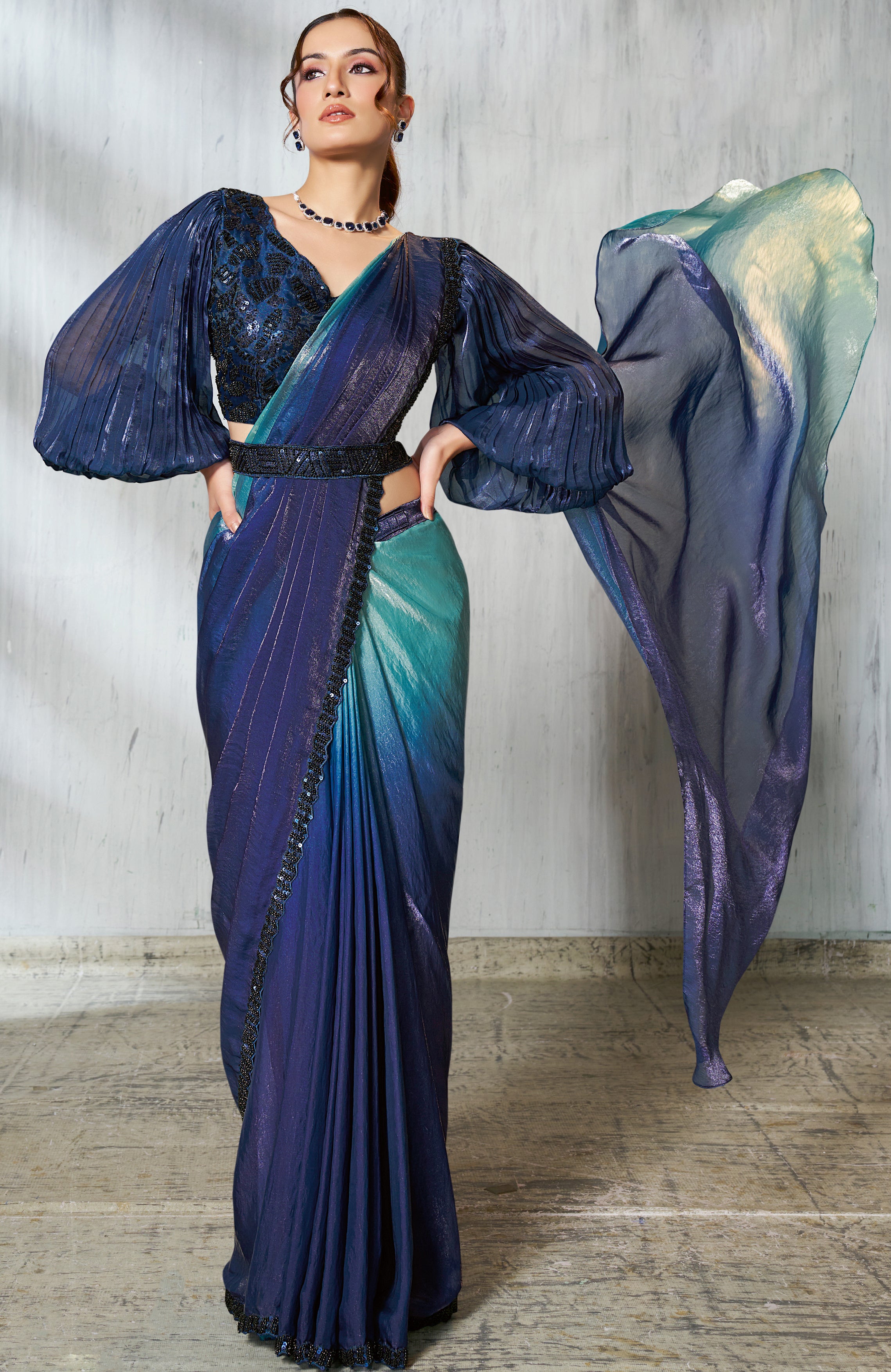Midnight Blue Dual Tone Jimmy Choo Silk Saree