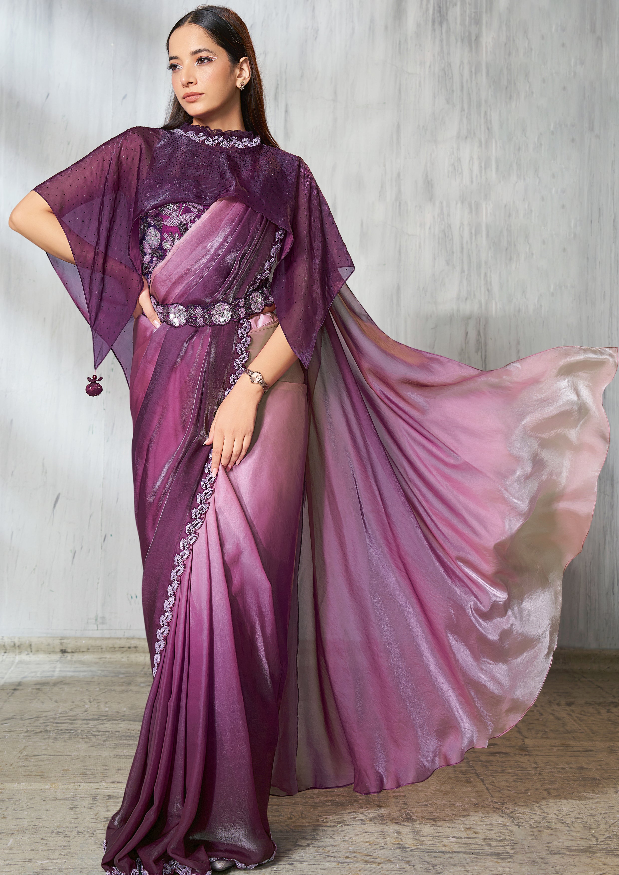 Purple Ombre Embellished Jimmy Choo Silk Saree