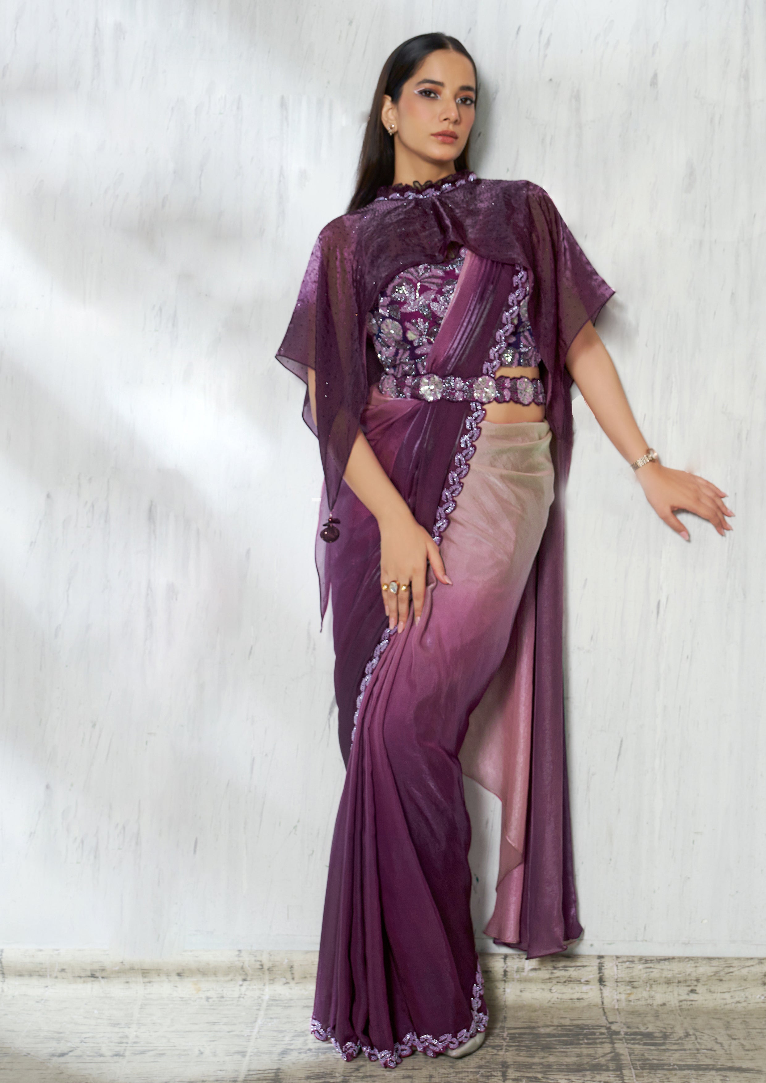 Purple Ombre Embellished Jimmy Choo Silk Saree