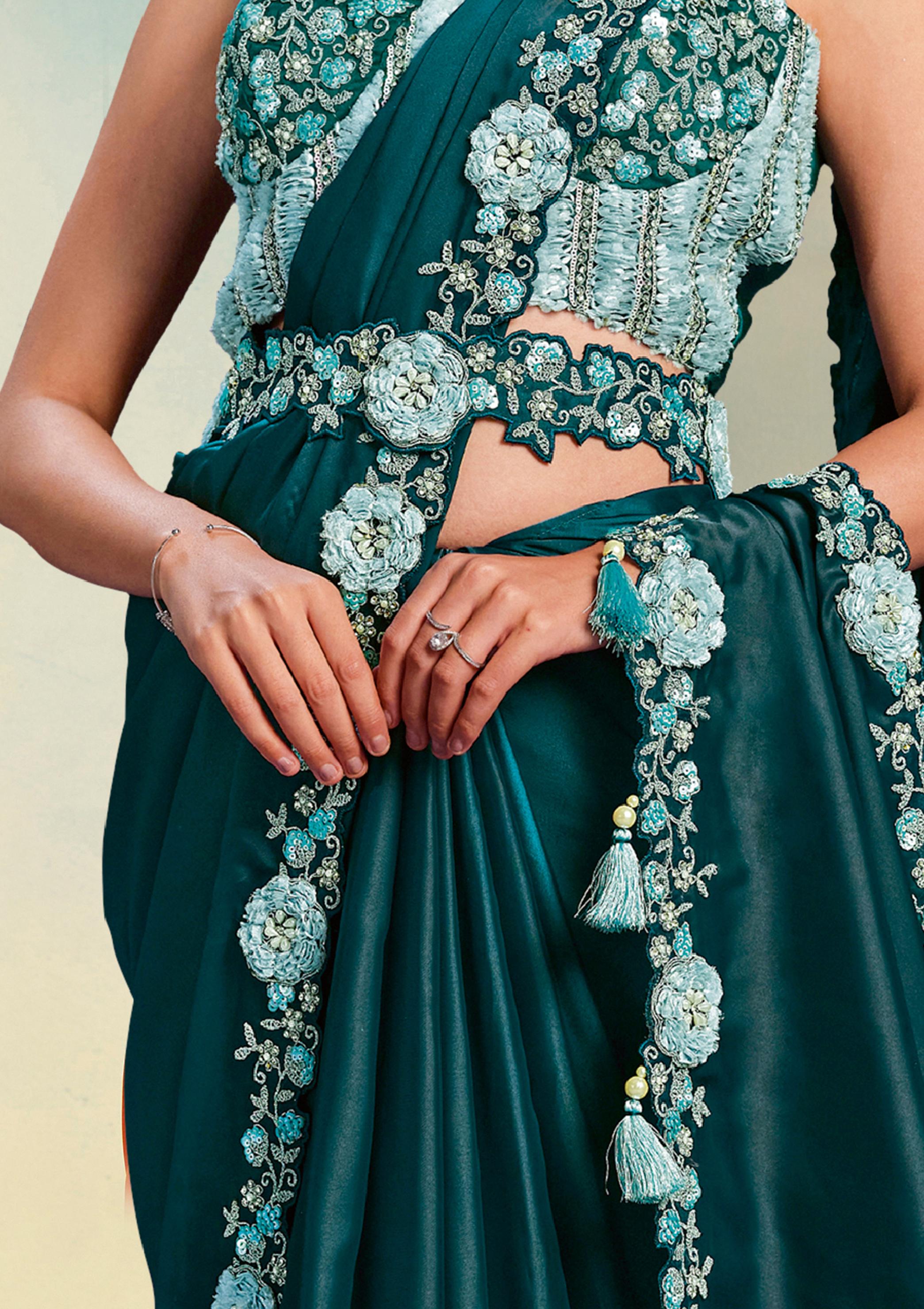 Teal Satin Silk Saree with Pearl & Stone Work