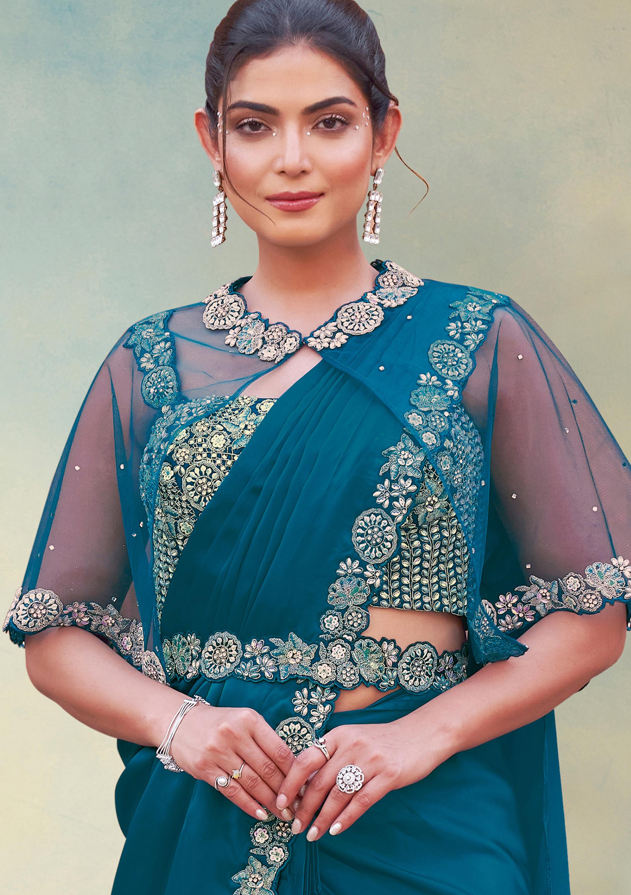 Sapphire Embellished Crepe Satin Silk Draped Saree