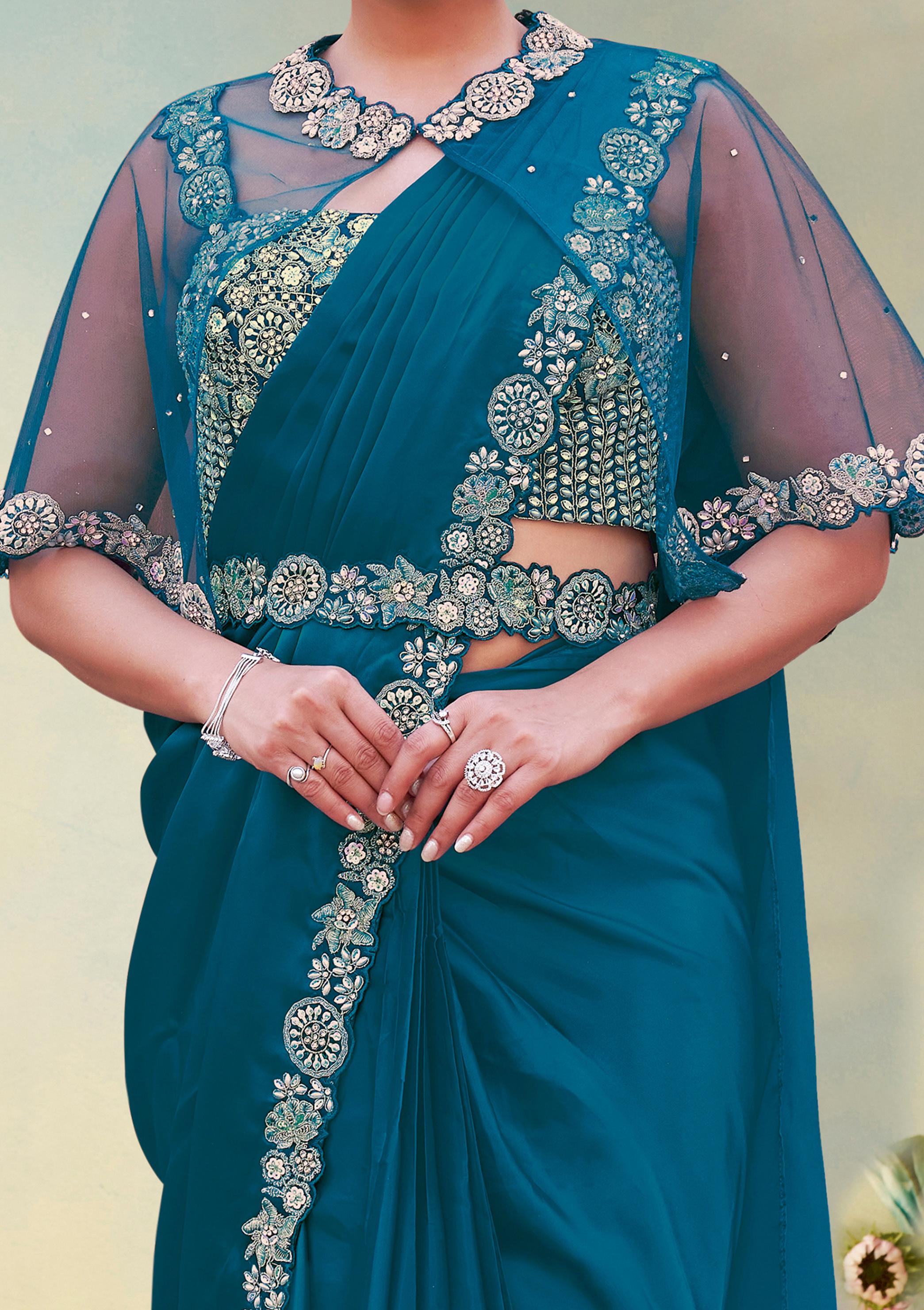 Sapphire Embellished Crepe Satin Silk Draped Saree