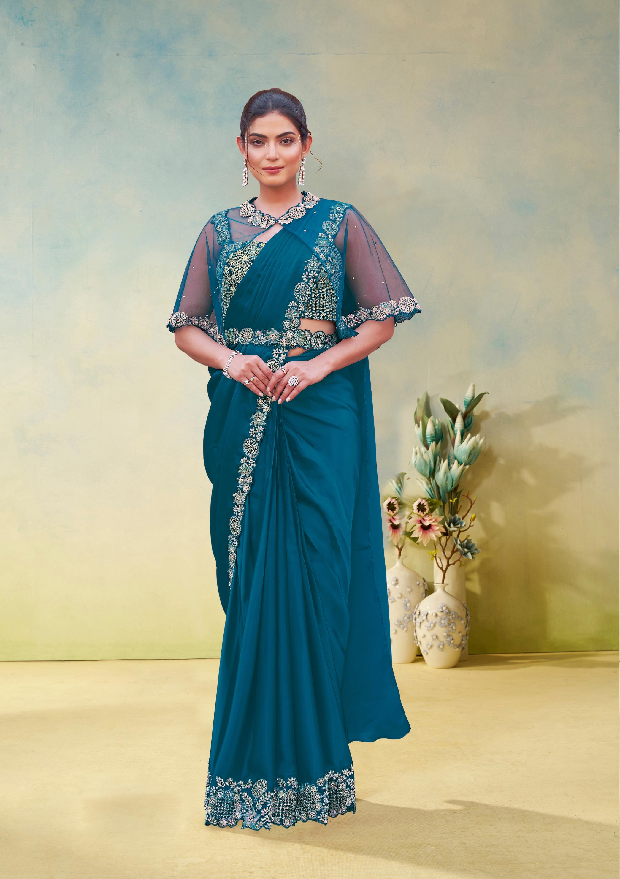 Sapphire Embellished Crepe Satin Silk Draped Saree