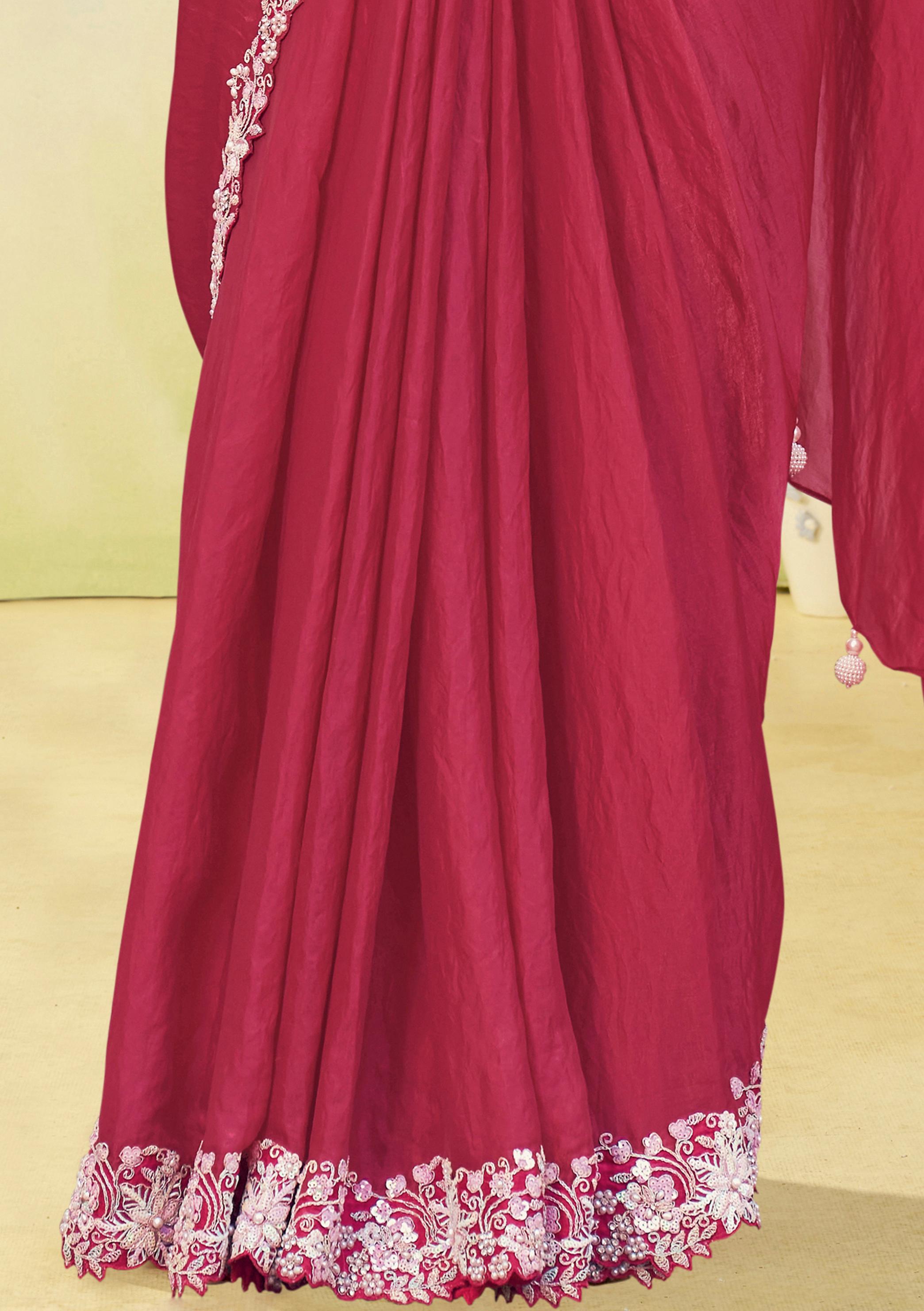 Carrot Pink Embellished Satin Silk Draped Saree