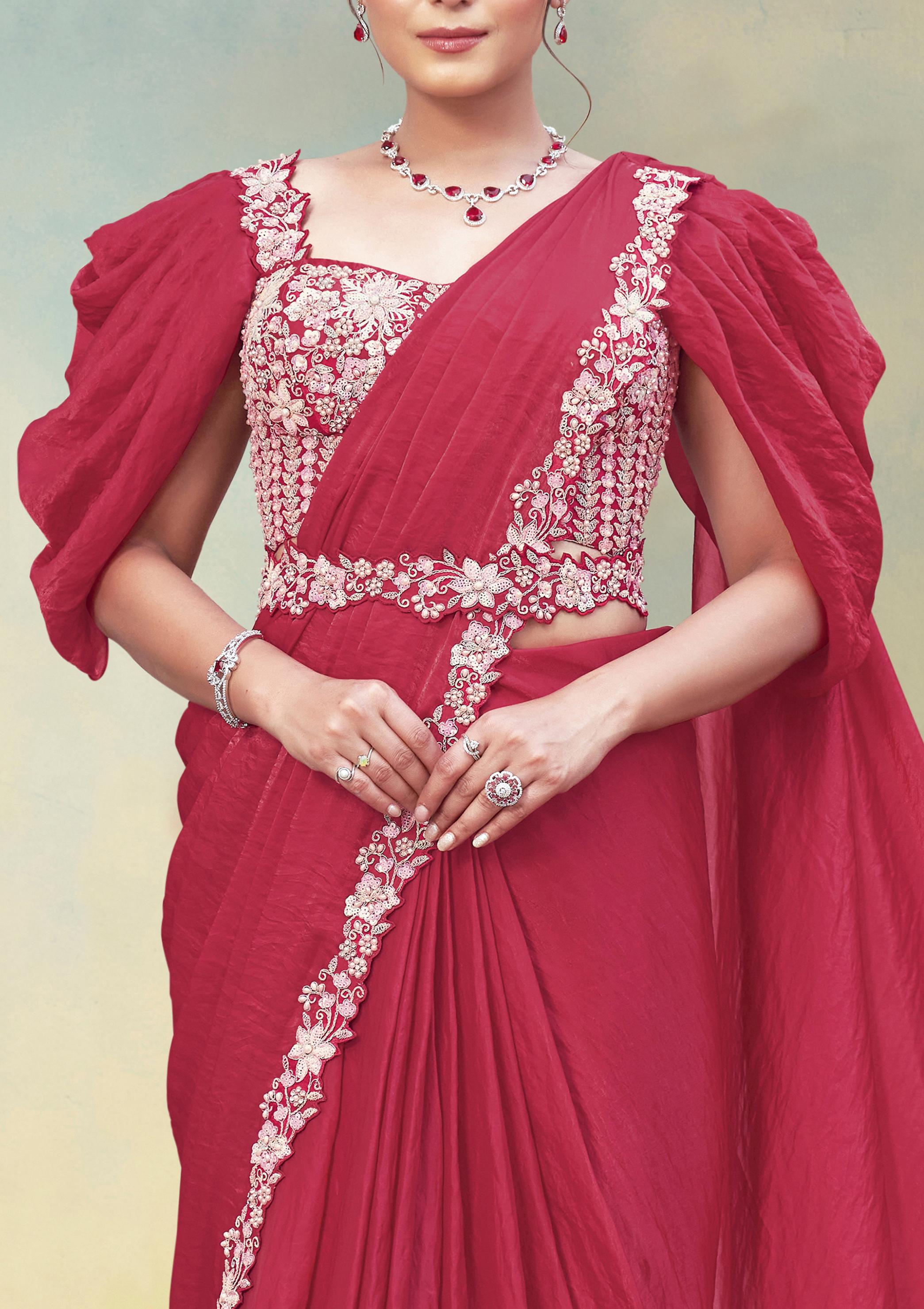 Carrot Pink Embellished Satin Silk Draped Saree