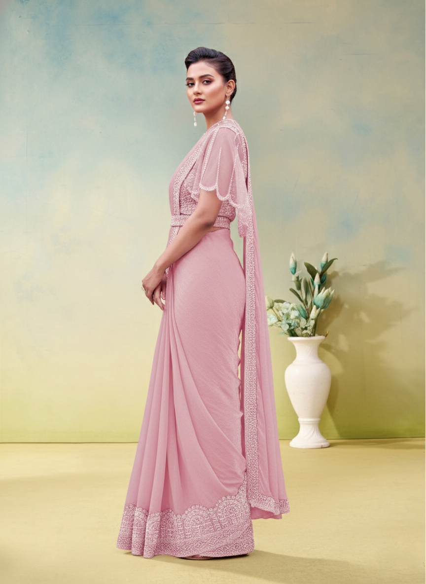 Dusty Rose Embellished Satin Silk Draped Saree