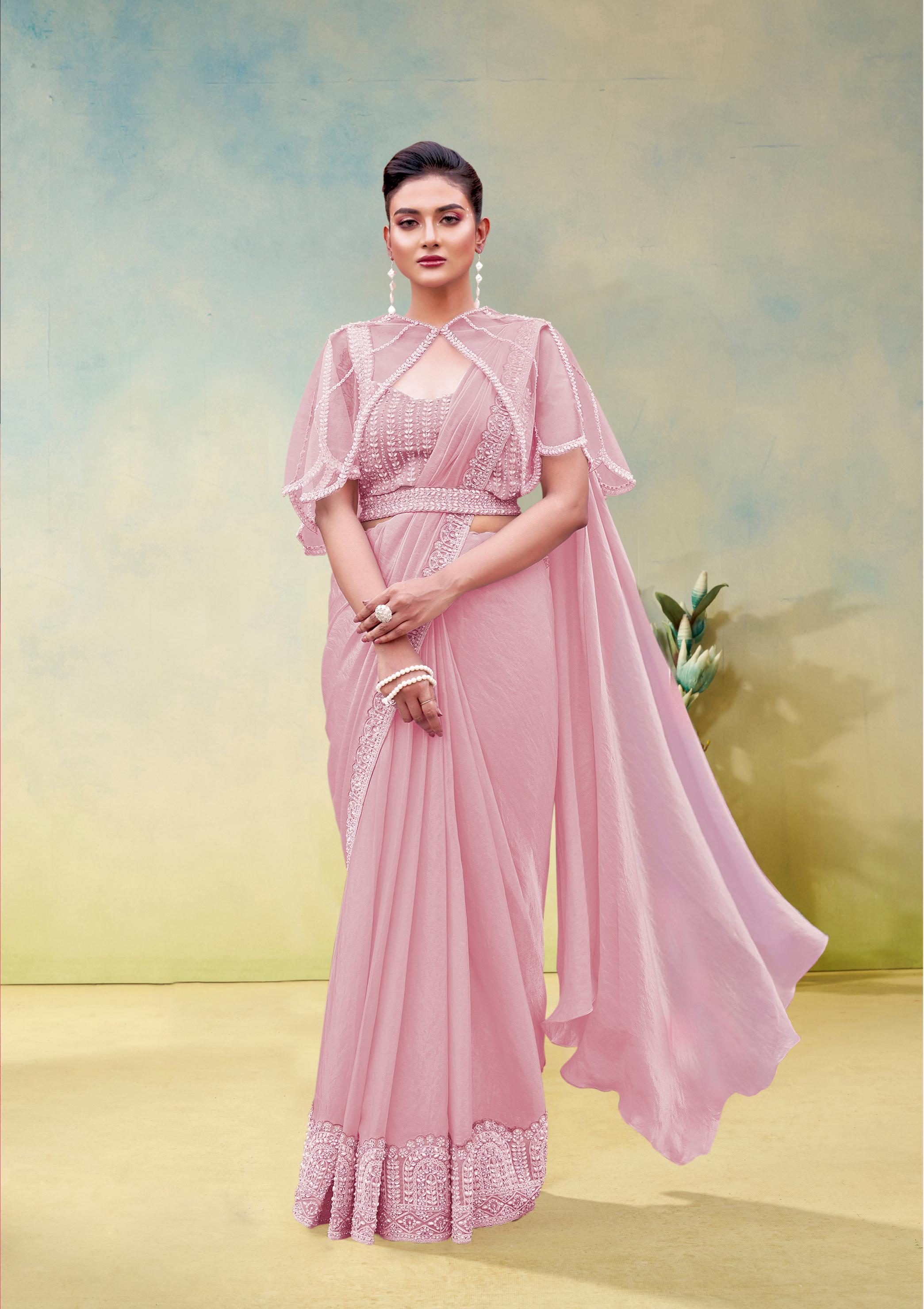 Dusty Rose Embellished Satin Silk Draped Saree