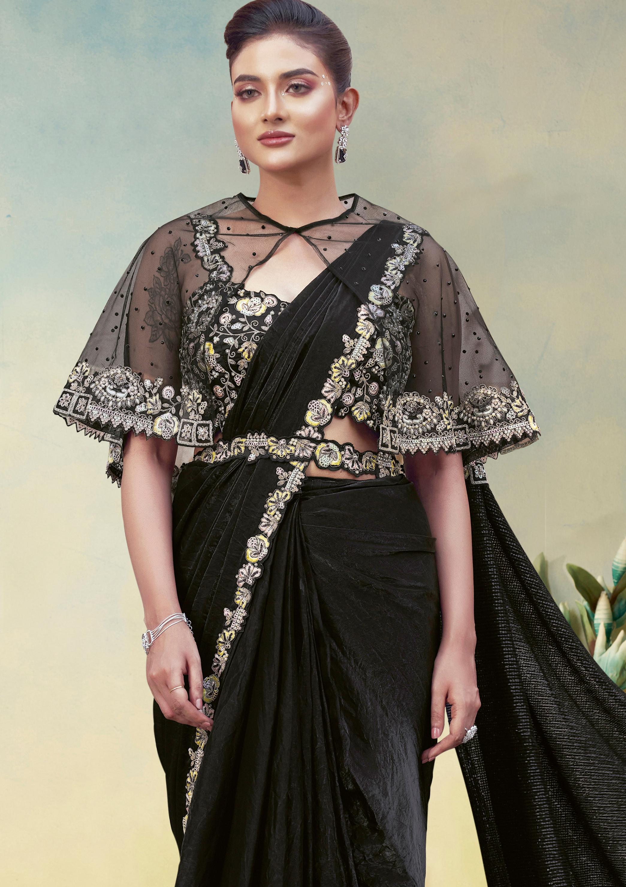 Jet Black Embellished Satin Silk Draped Saree