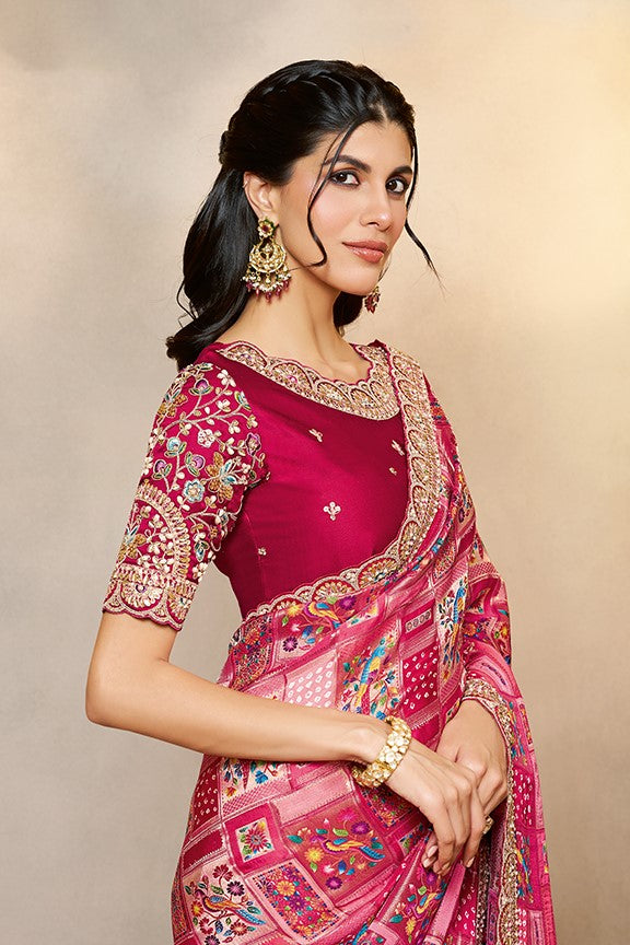 Rani Pink Embellished Gajji Jaquard Silk Saree