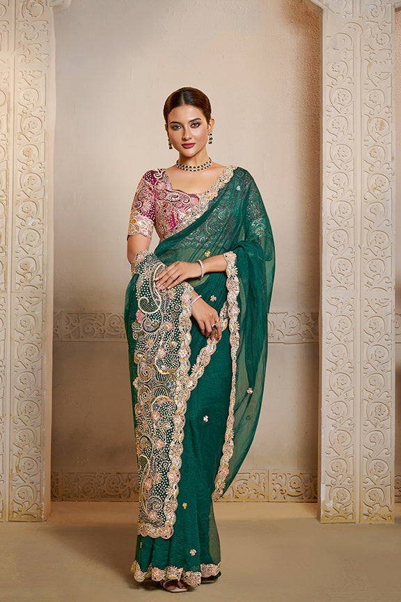 Peacock Green Embellished Organza Satin Silk Saree