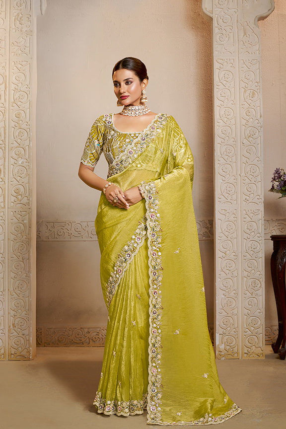Light Yellow Embellished Organza Silk Saree