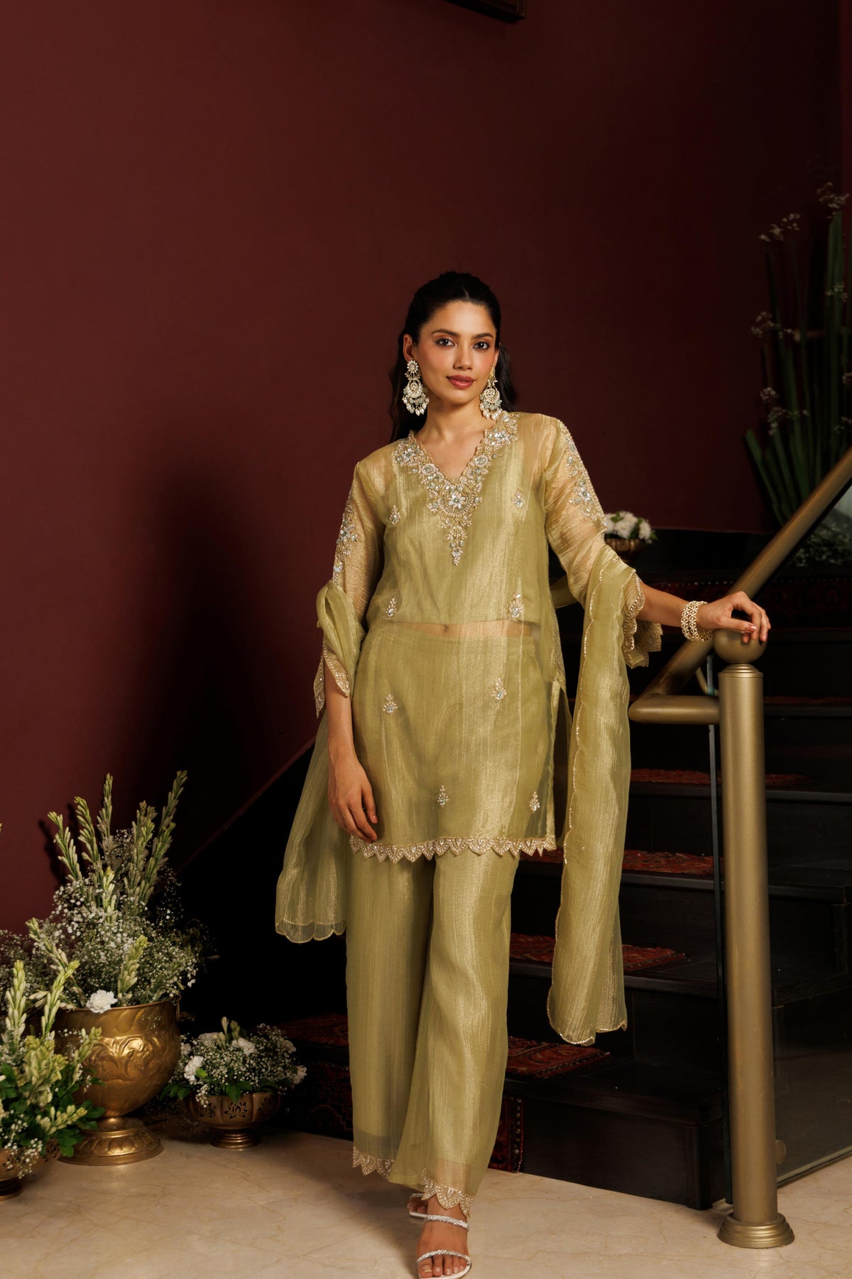 Sage Mist Embellished Shimmer Tissue Silk Pant Set