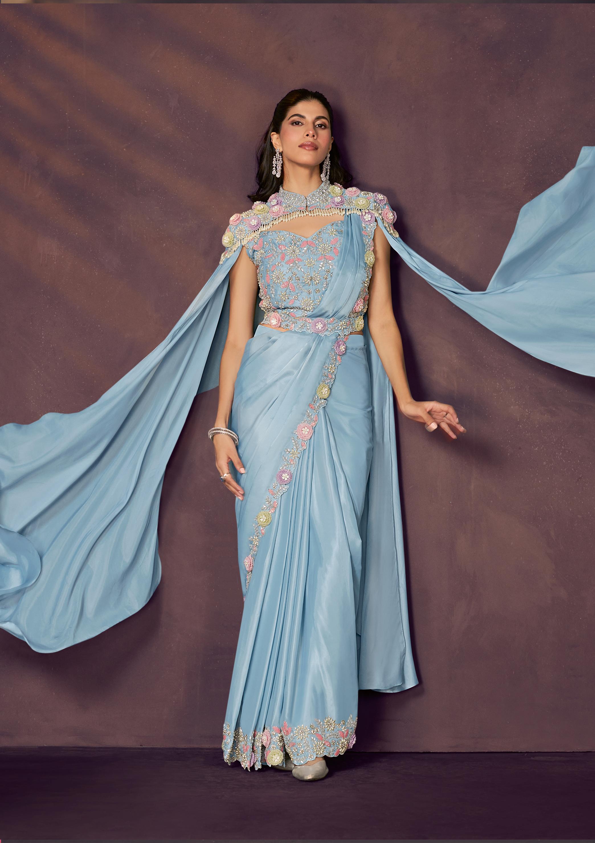 Sky Blue Embellished Satin Silk Draped Saree