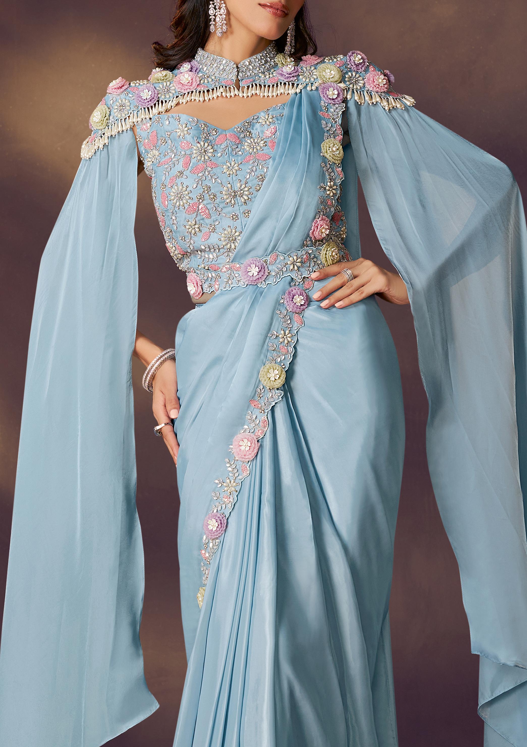 Sky Blue Embellished Satin Silk Draped Saree