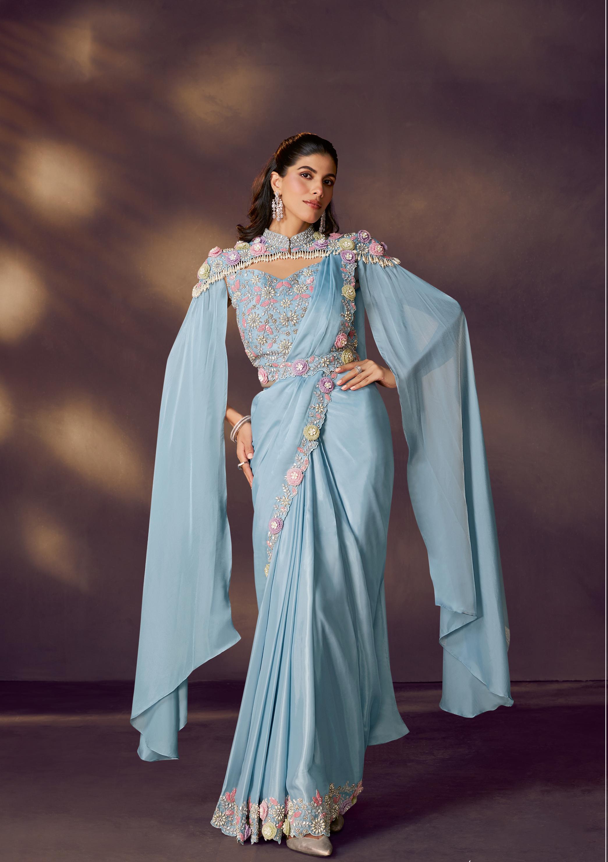 Sky Blue Embellished Satin Silk Draped Saree