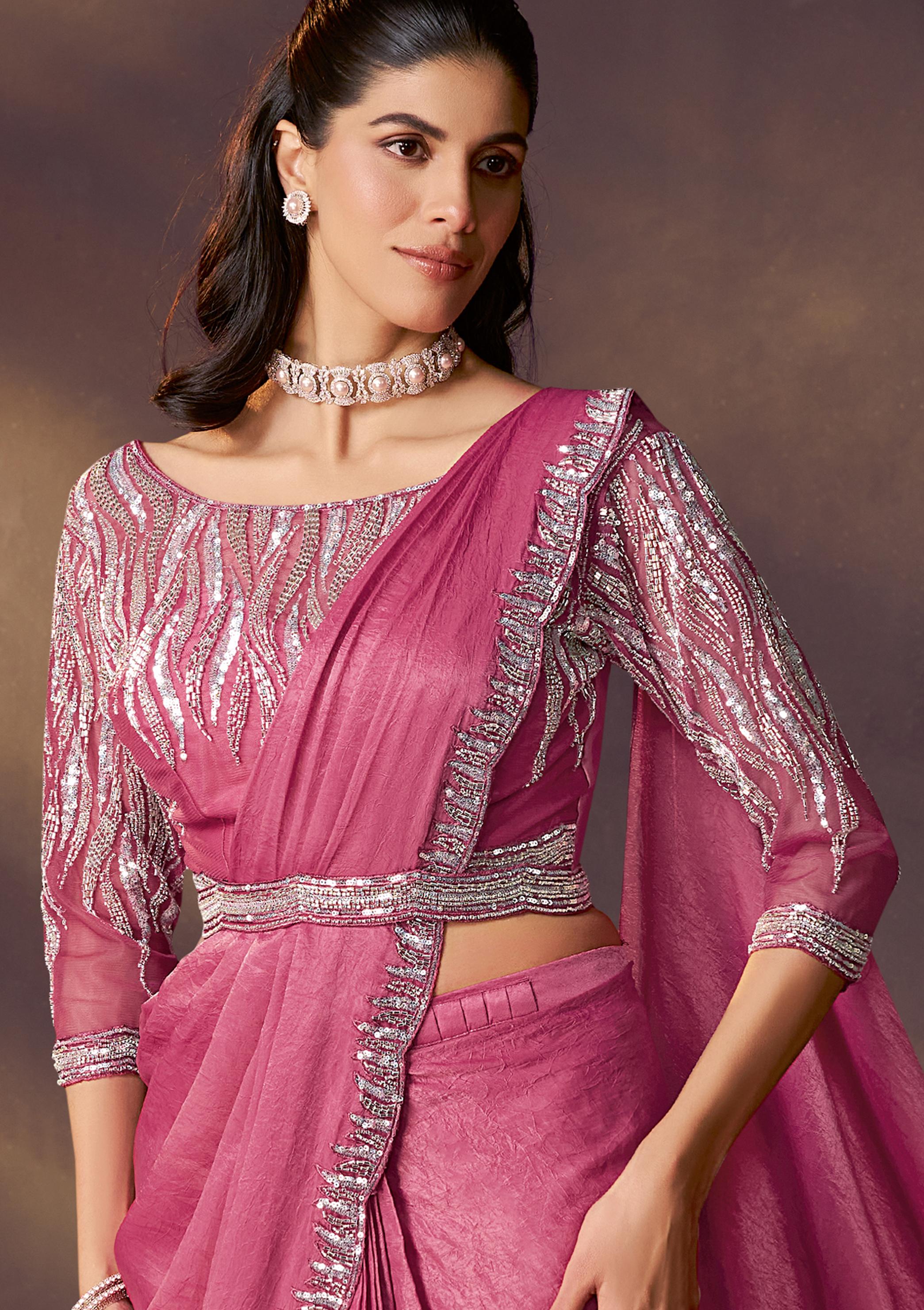 Raspberry Embellished Crushed Satin Silk Draped Saree