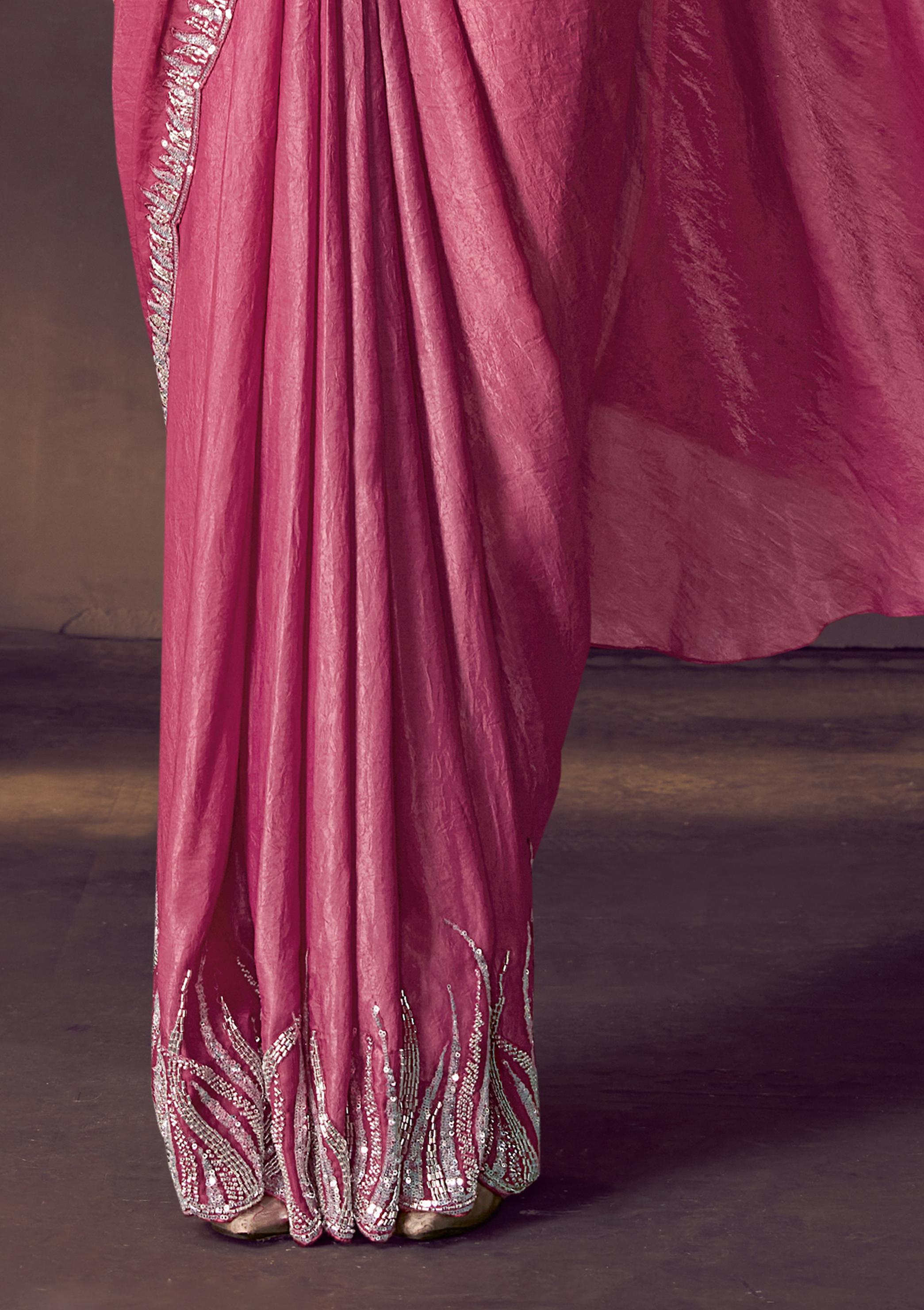Raspberry Embellished Crushed Satin Silk Draped Saree