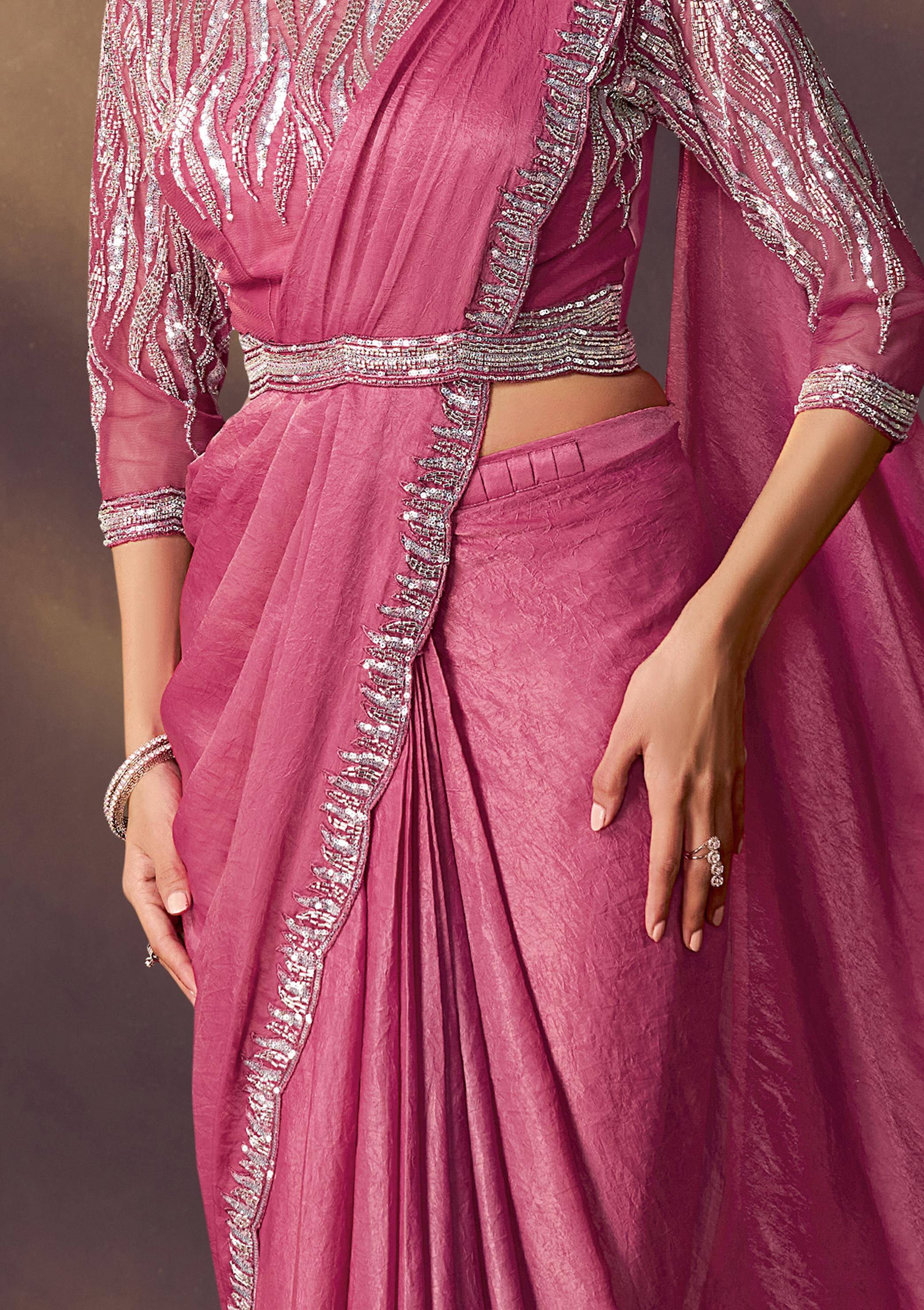 Raspberry Embellished Crushed Satin Silk Draped Saree
