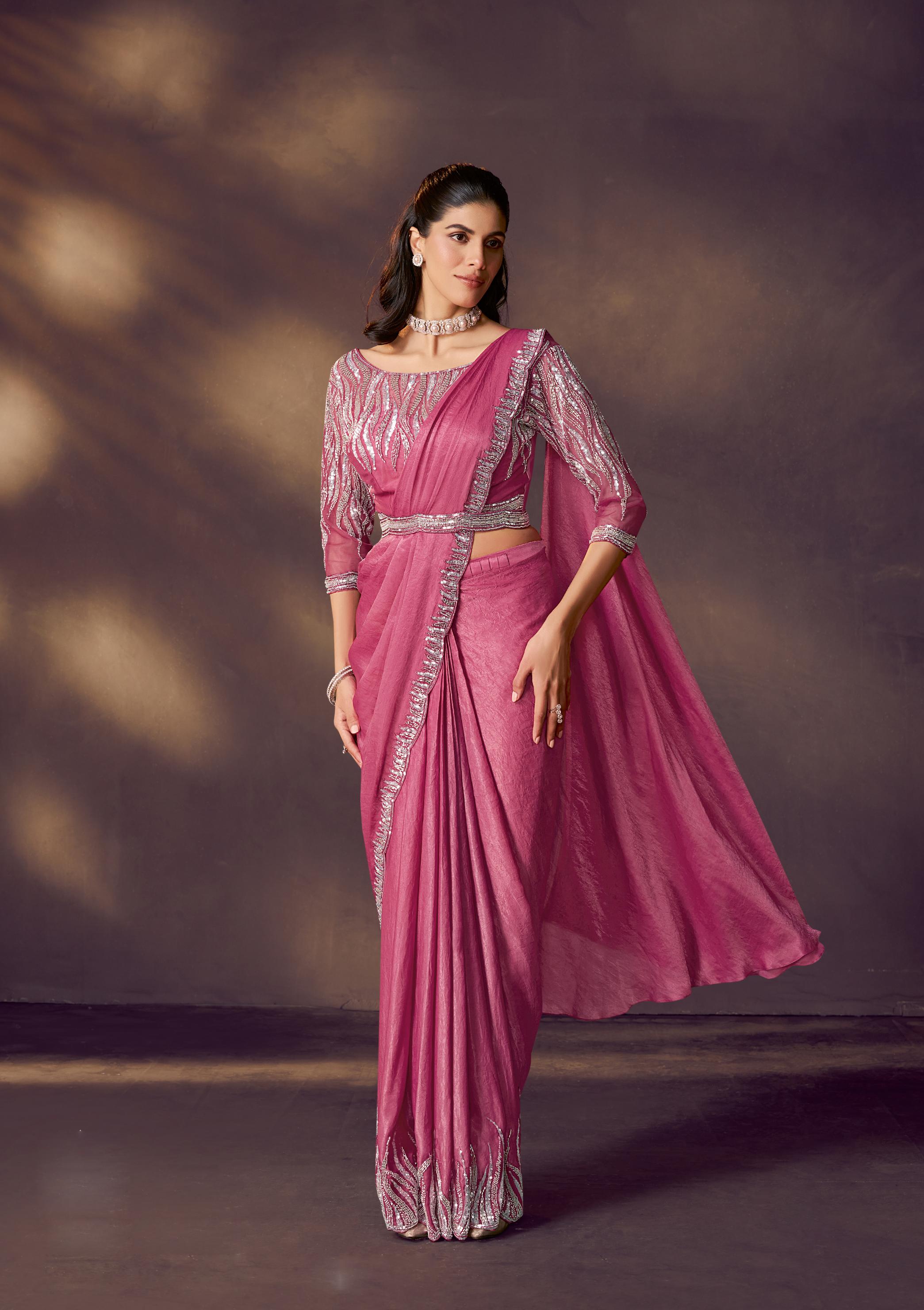 Raspberry Embellished Crushed Satin Silk Draped Saree