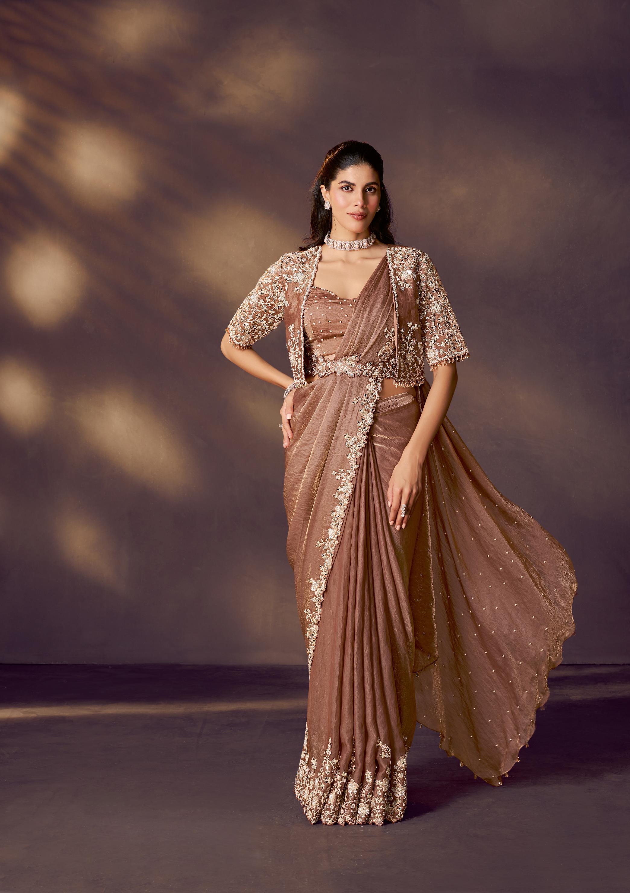 Bronze Embellished Satin Silk Draped Saree
