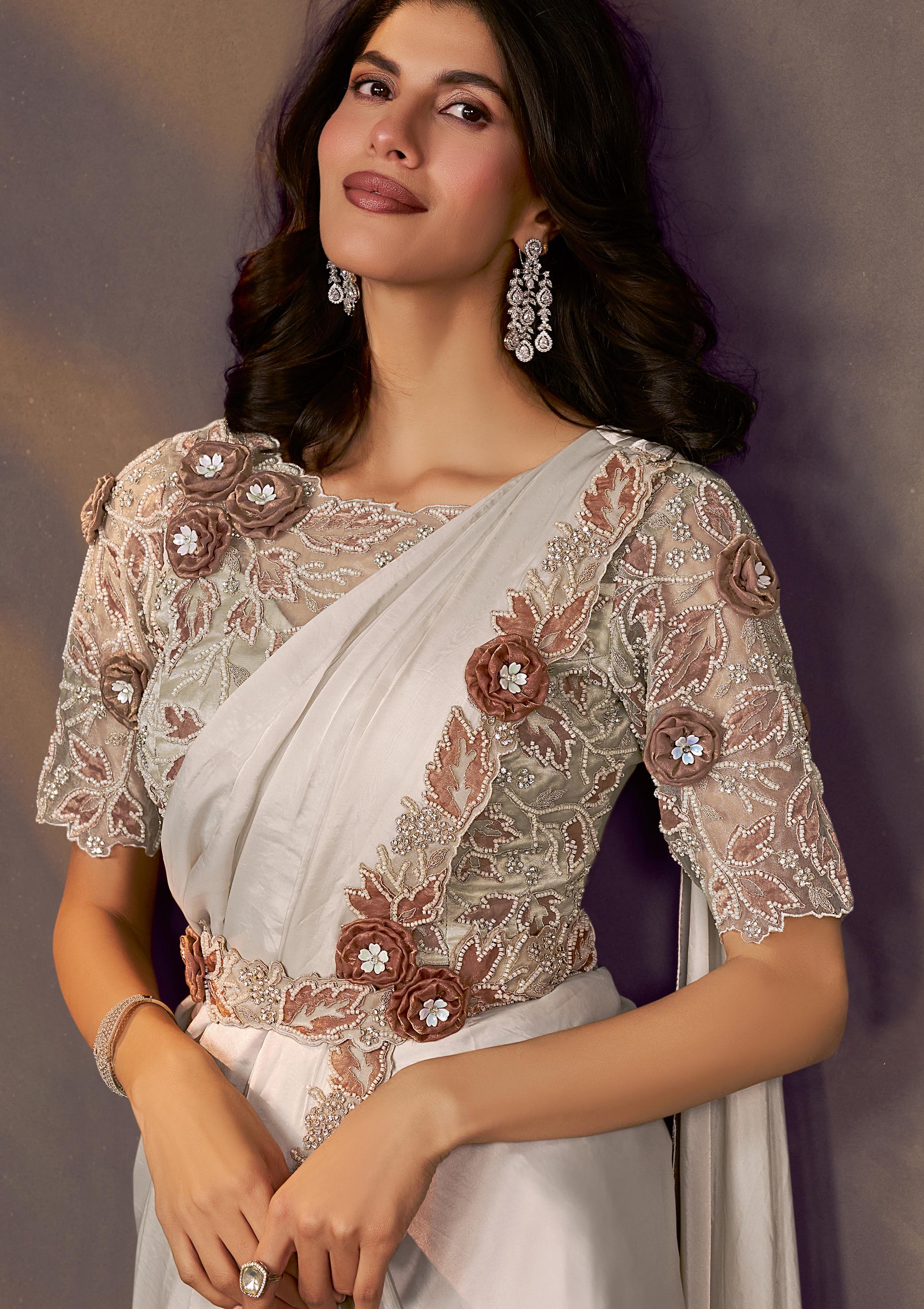 Pearl White Embellished Satin Silk Draped Saree