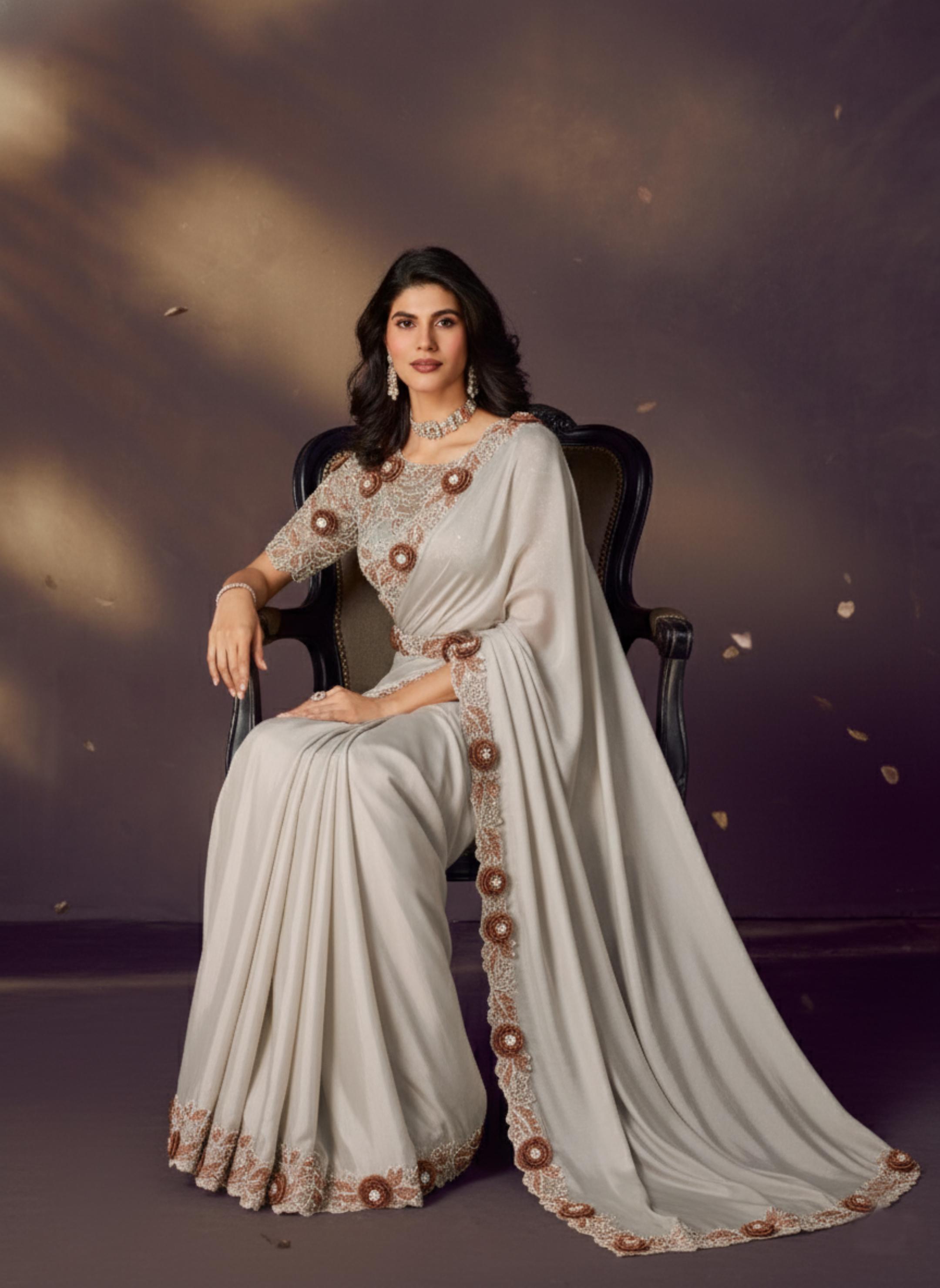 Pearl White Embellished Satin Silk Draped Saree