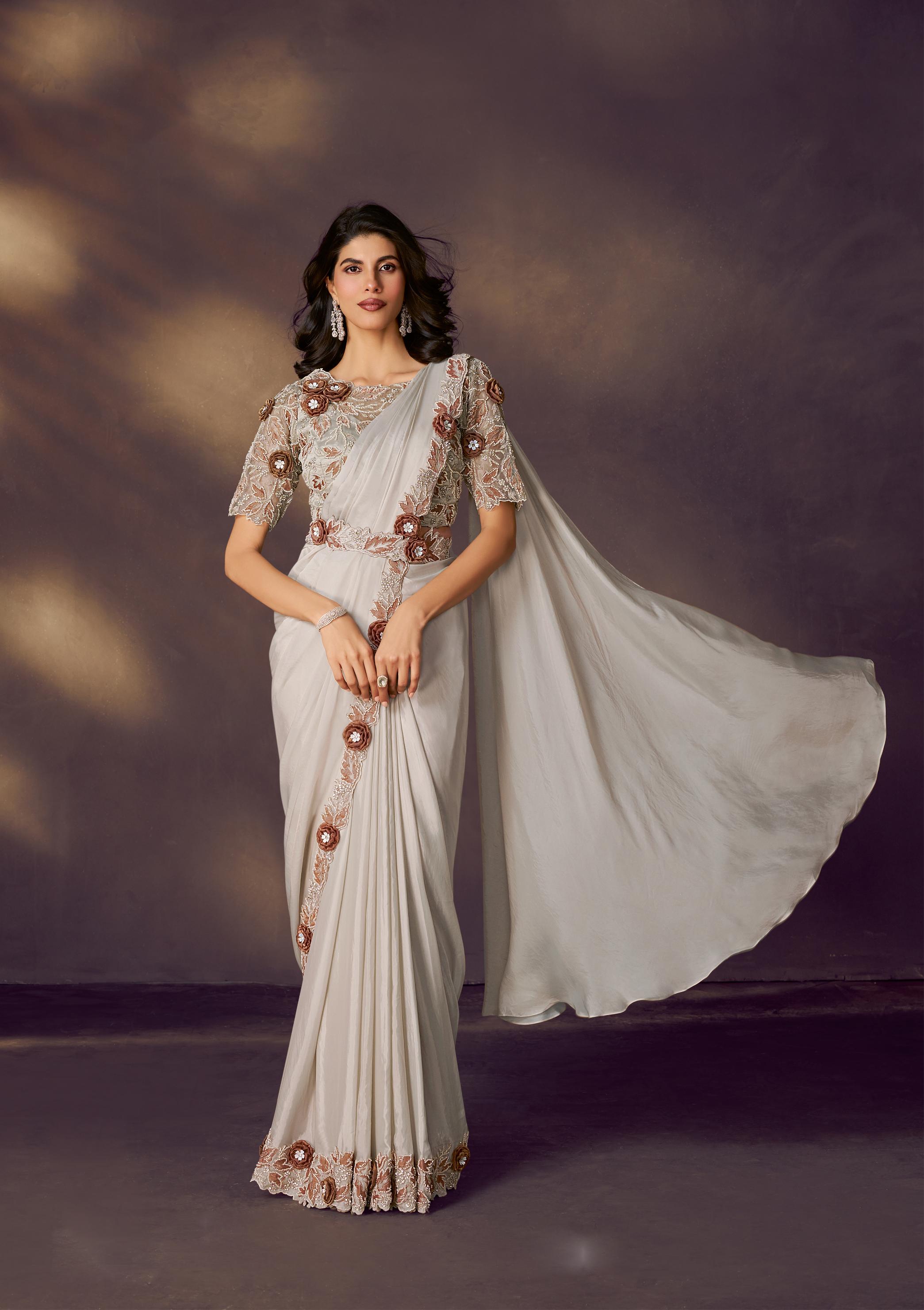 Pearl White Embellished Satin Silk Draped Saree