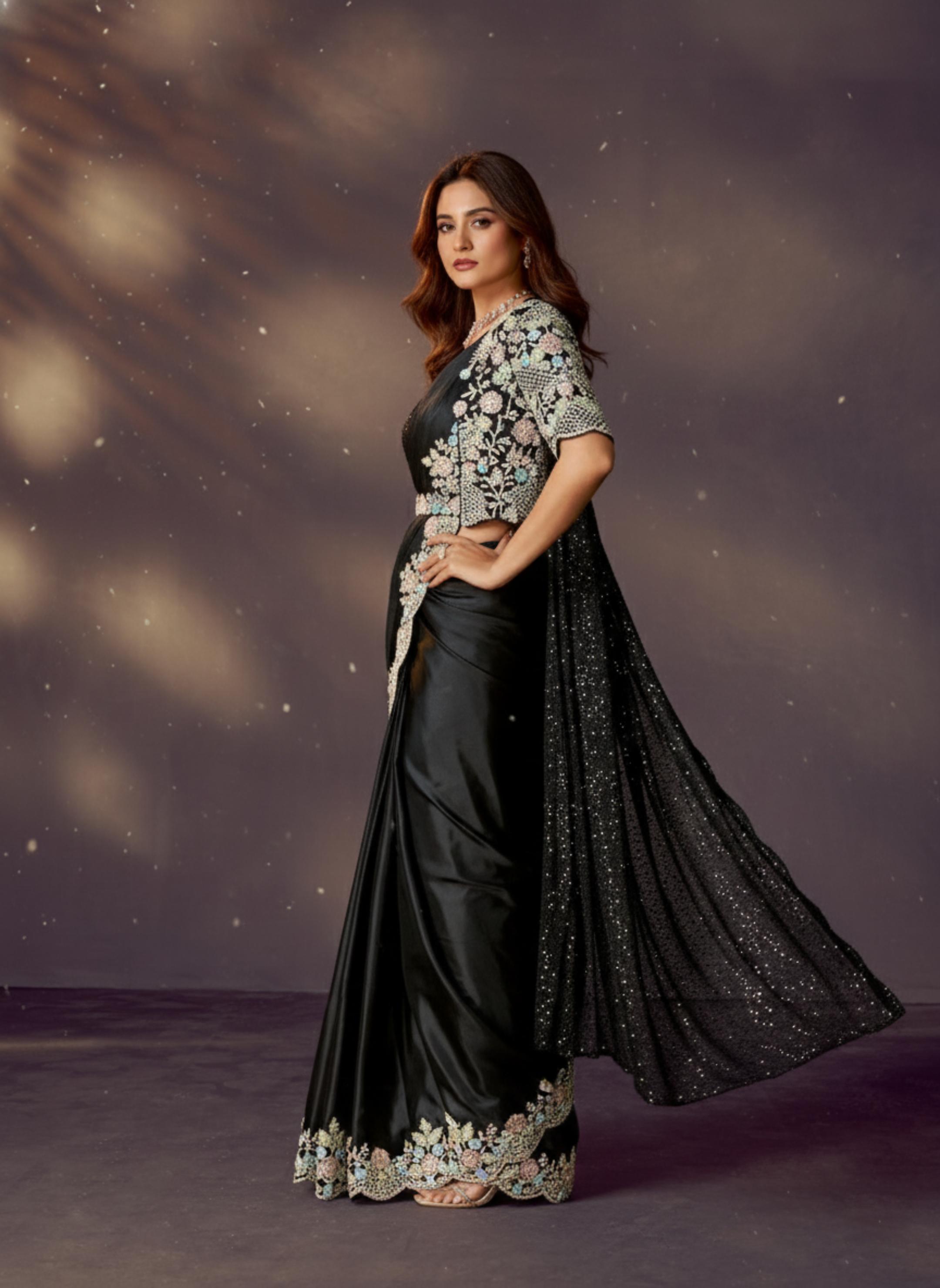 Ink Black Embellished Satin Silk Draped Saree