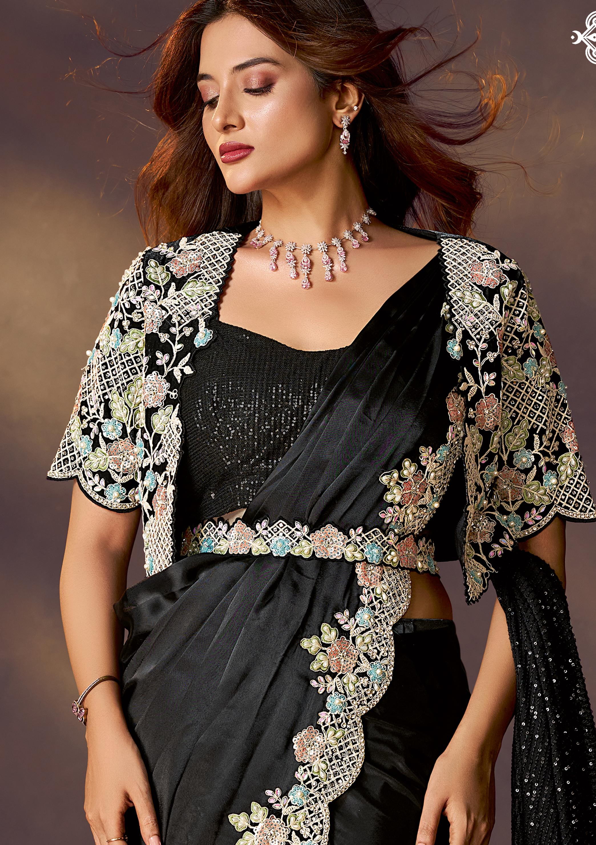 Ink Black Embellished Satin Silk Draped Saree