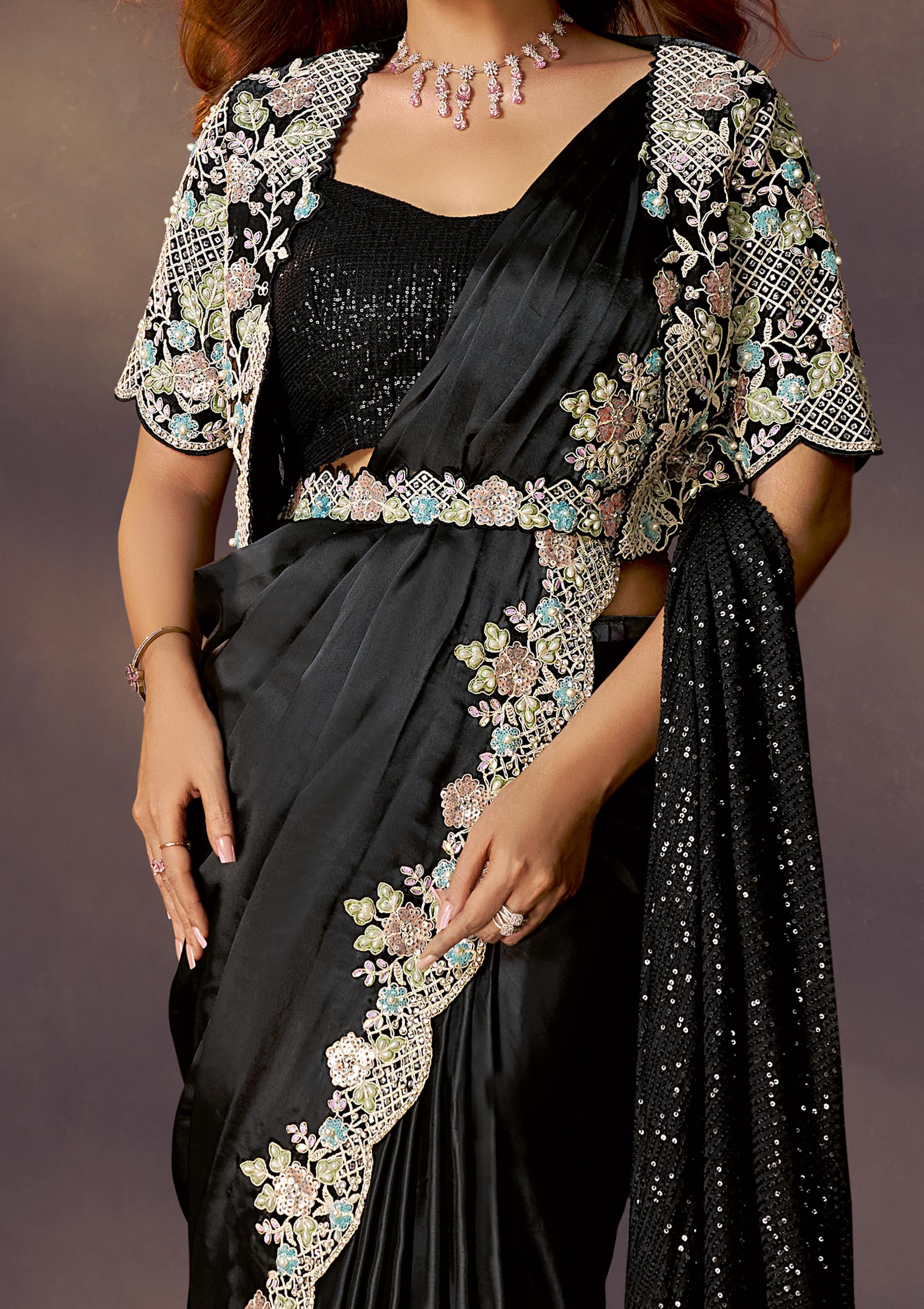 Ink Black Embellished Satin Silk Draped Saree
