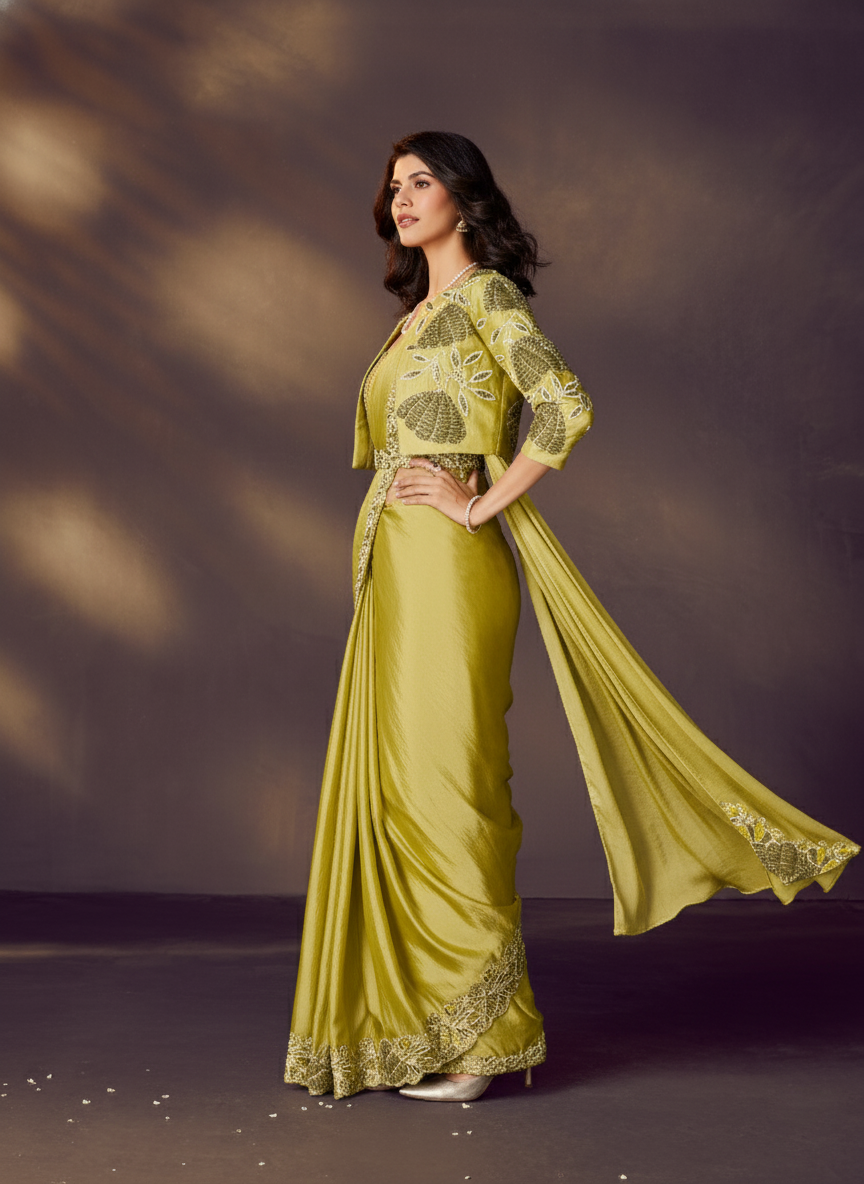 Lime Green Embellished Satin Silk Draped Saree