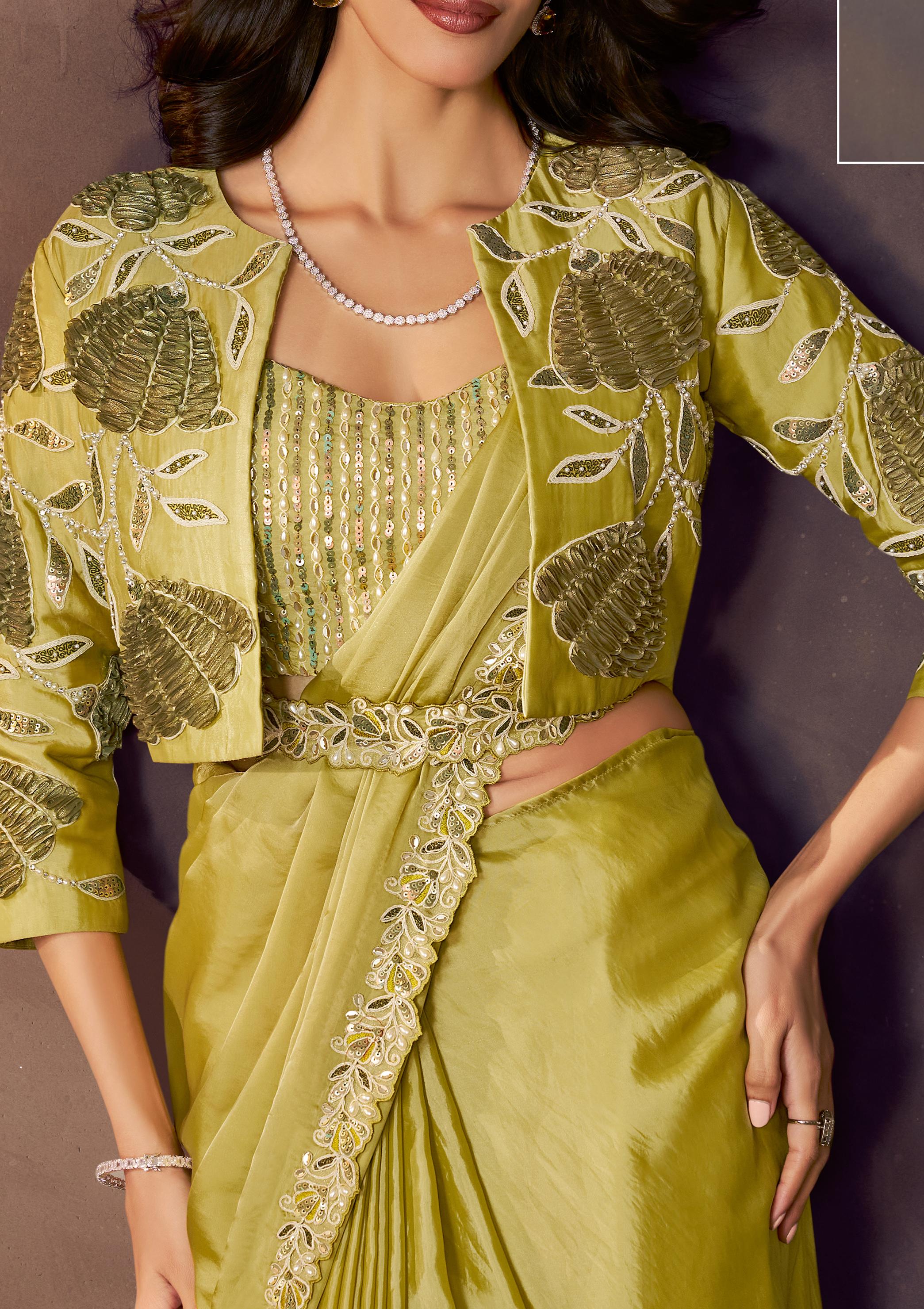 Lime Green Embellished Satin Silk Draped Saree