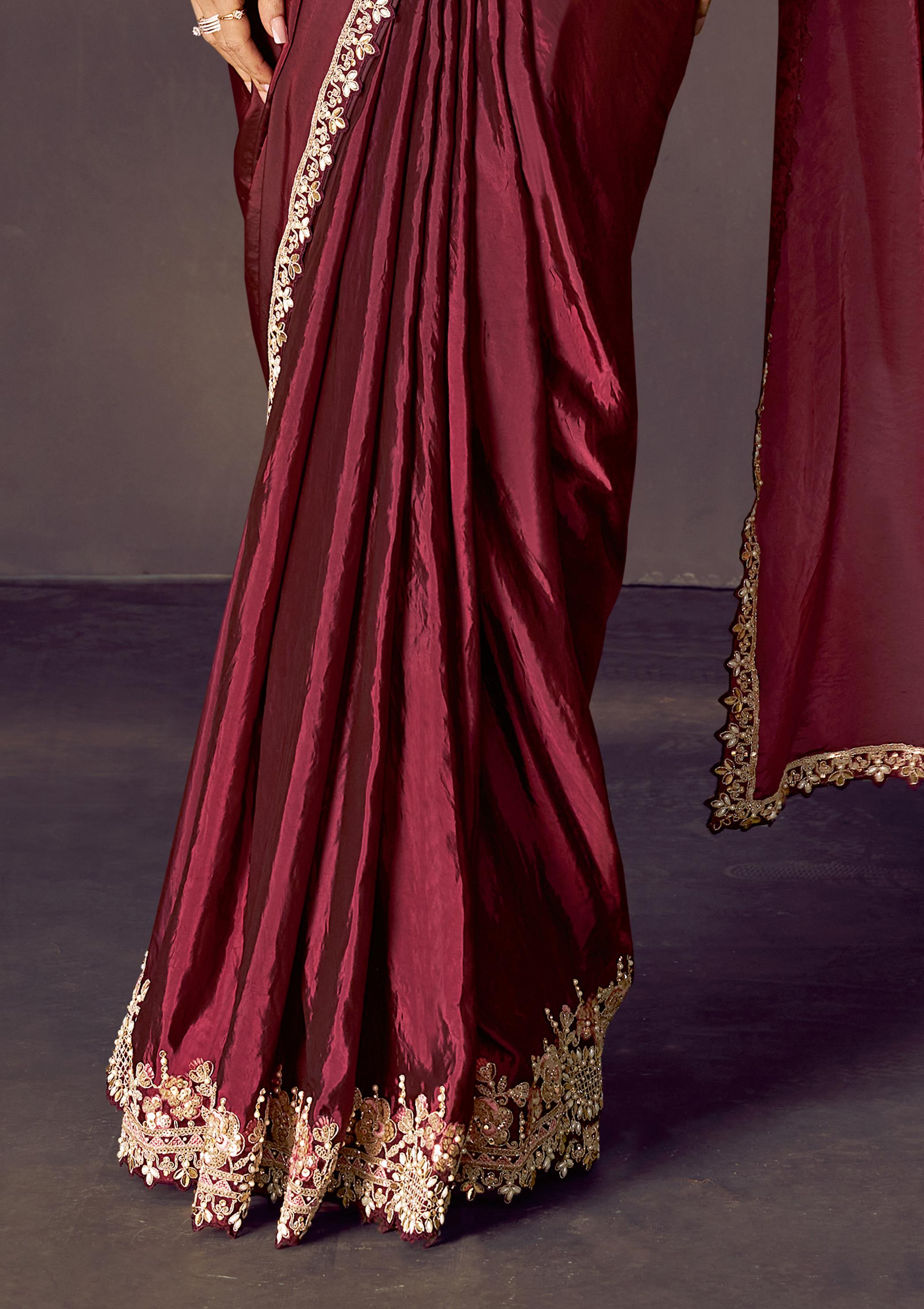 Maroon Embellished Satin Silk Draped Saree