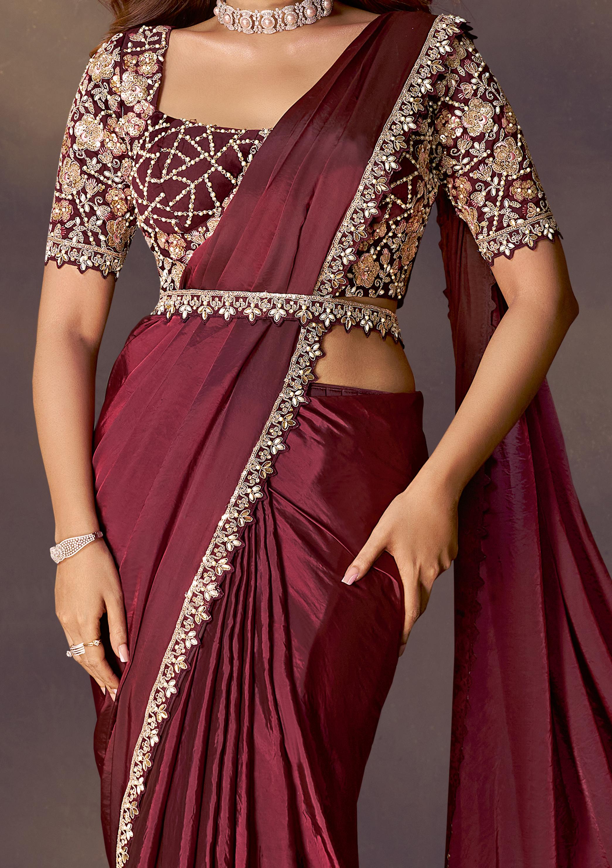 Maroon Embellished Satin Silk Draped Saree