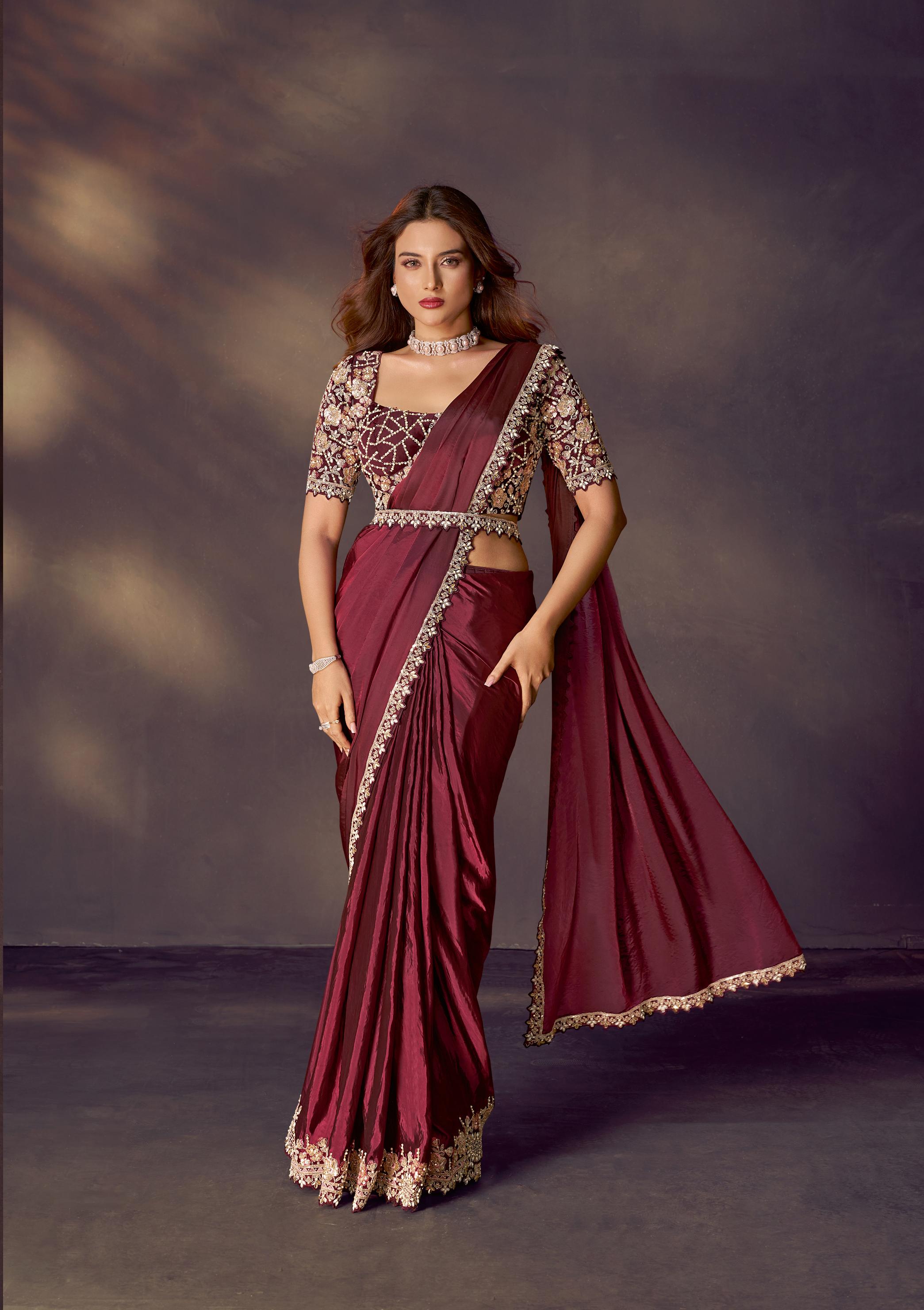 Maroon Embellished Satin Silk Draped Saree