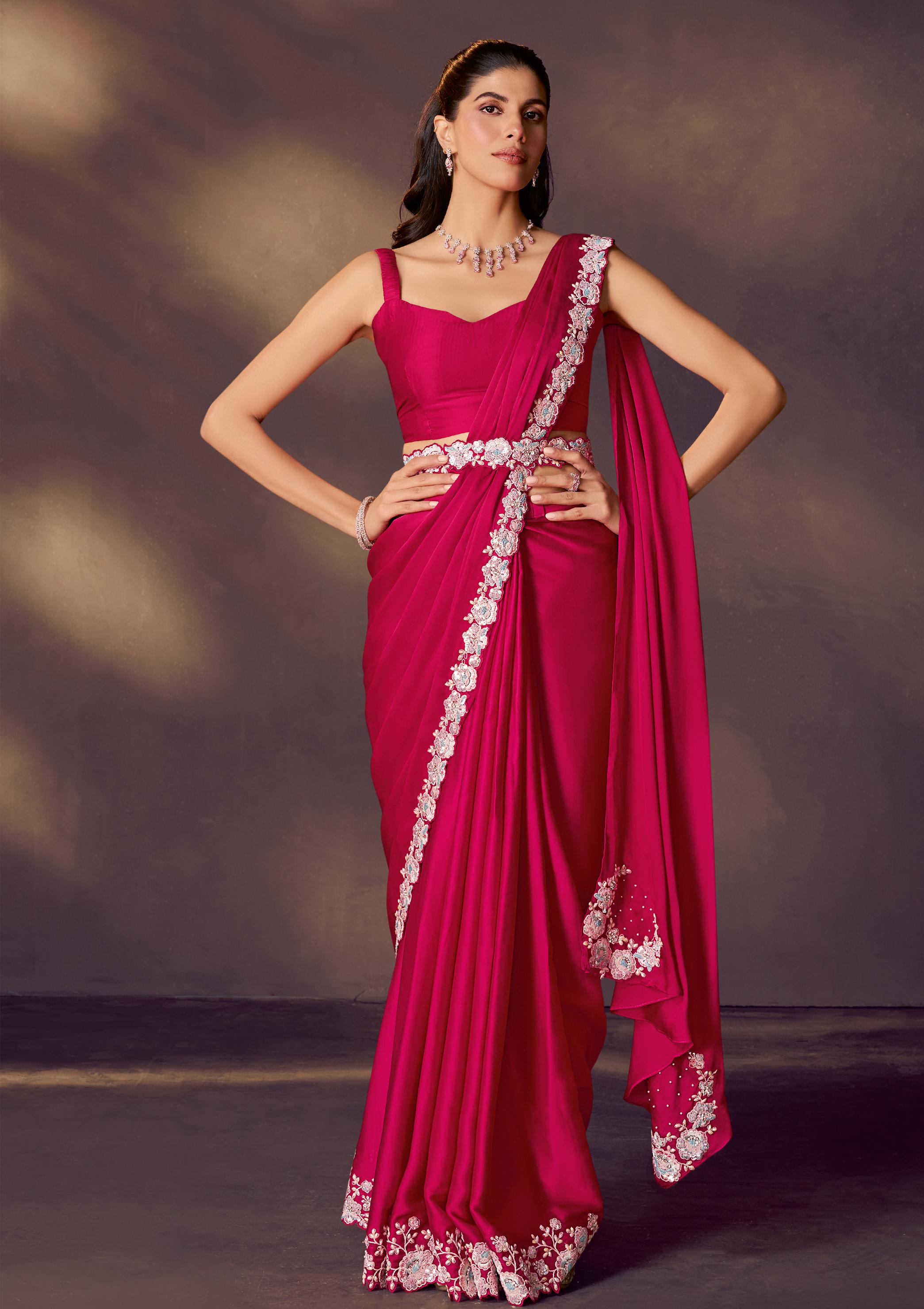 Rani Pink Embellished Satin Silk Draped Saree