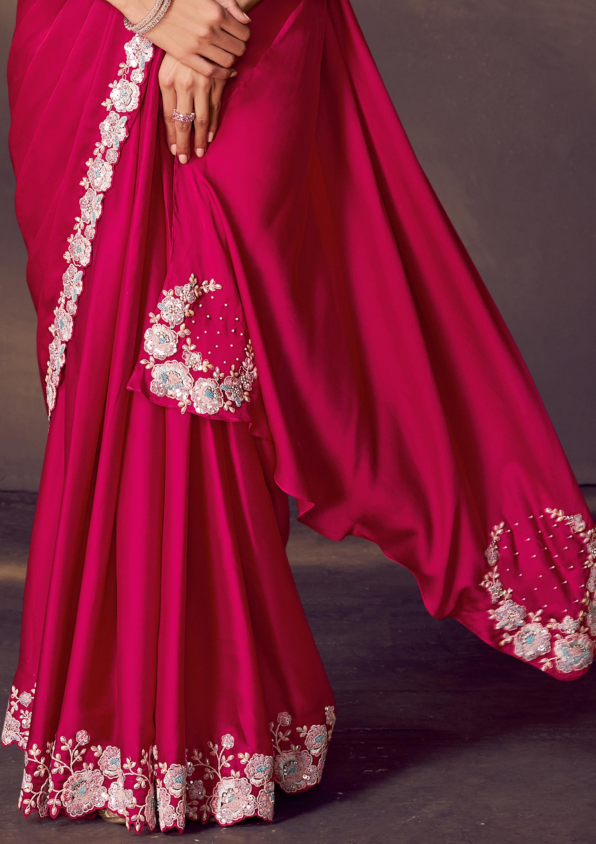 Rani Pink Embellished Satin Silk Draped Saree