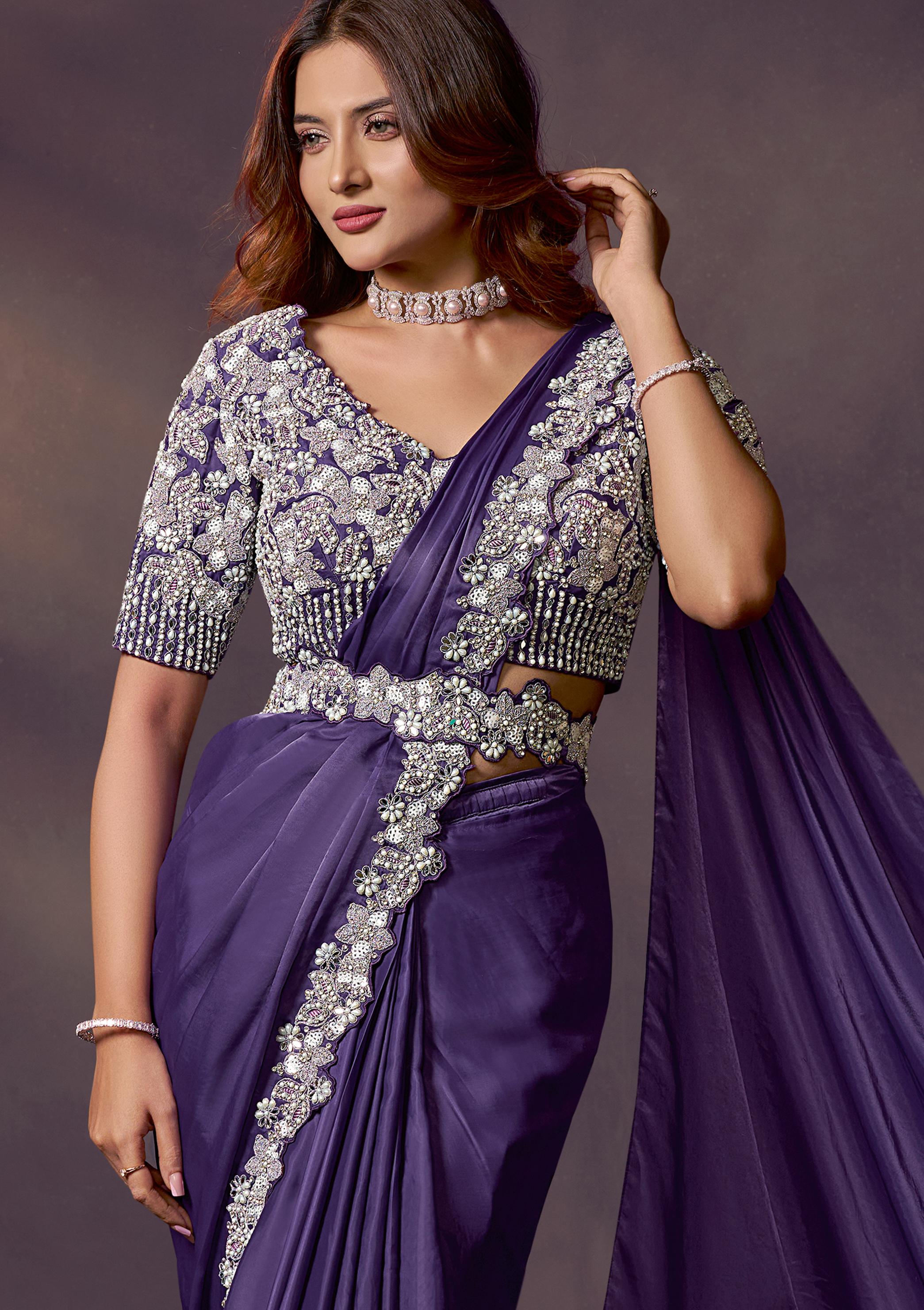 Royal Purple Embellished Satin Silk Draped Saree