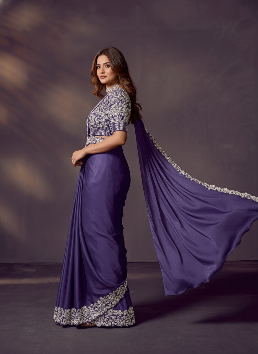 Royal Purple Embellished Satin Silk Draped Saree
